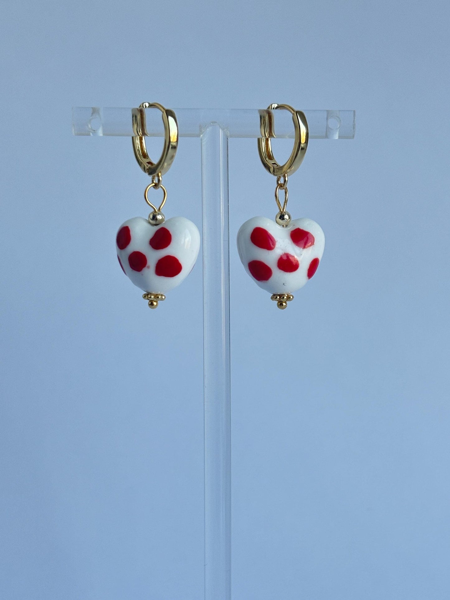 Porcelain Dapple Heart Hoop Earrings, Handmade Gift for Her, Romantic Dainty Jewelry, Drop Earrings