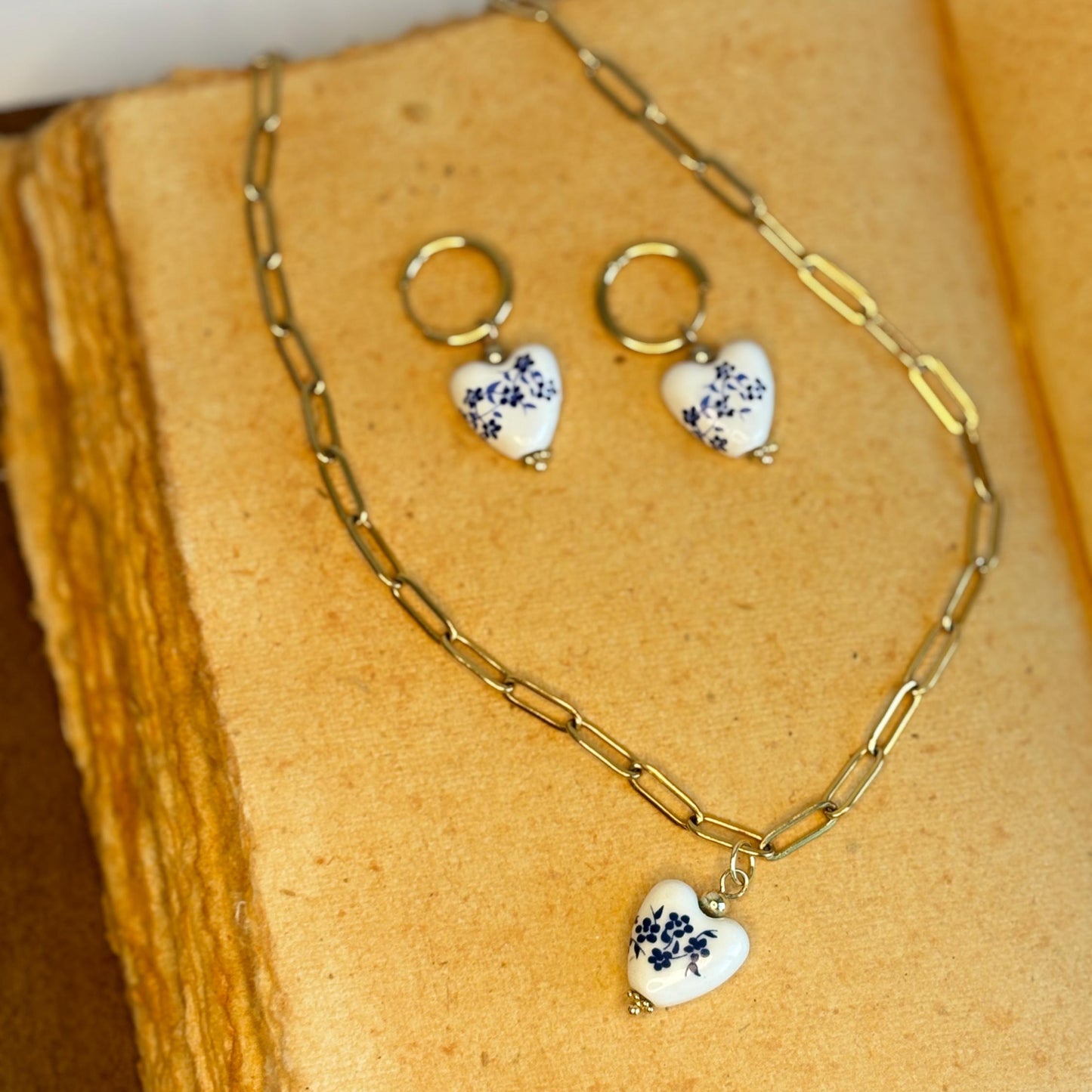 Blue Floral Porcelain Heart Jewelry Set