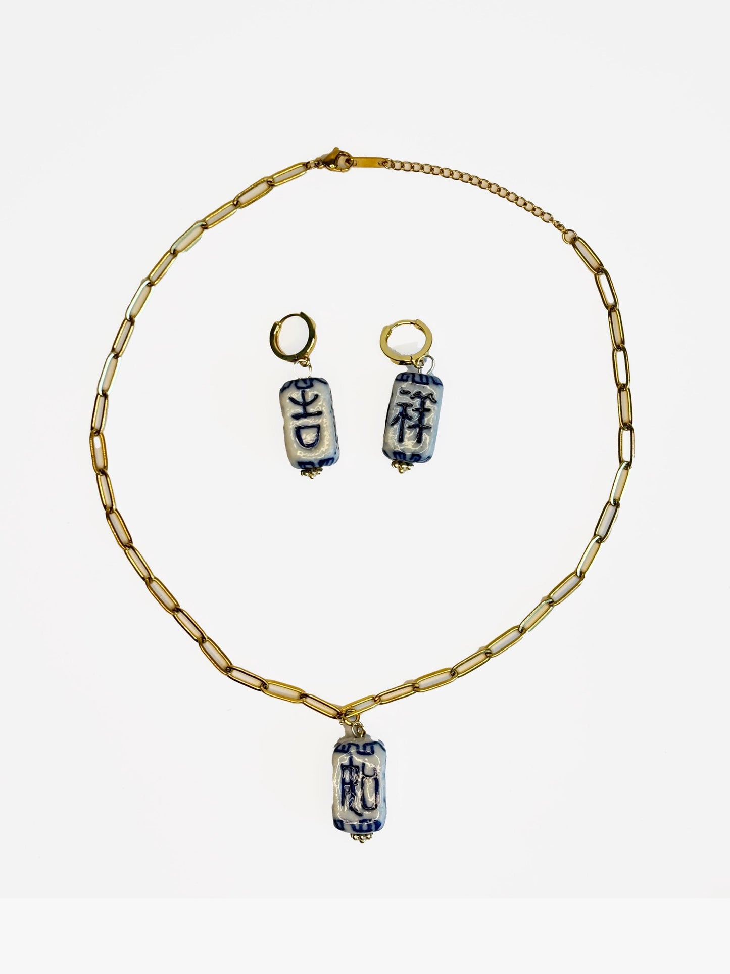 Auspicious Harmony Set | Handmade Porcelain Necklace & Earrings | Blue and White Ceramic Jewelry with Chinese Blessings, Lucky Gift