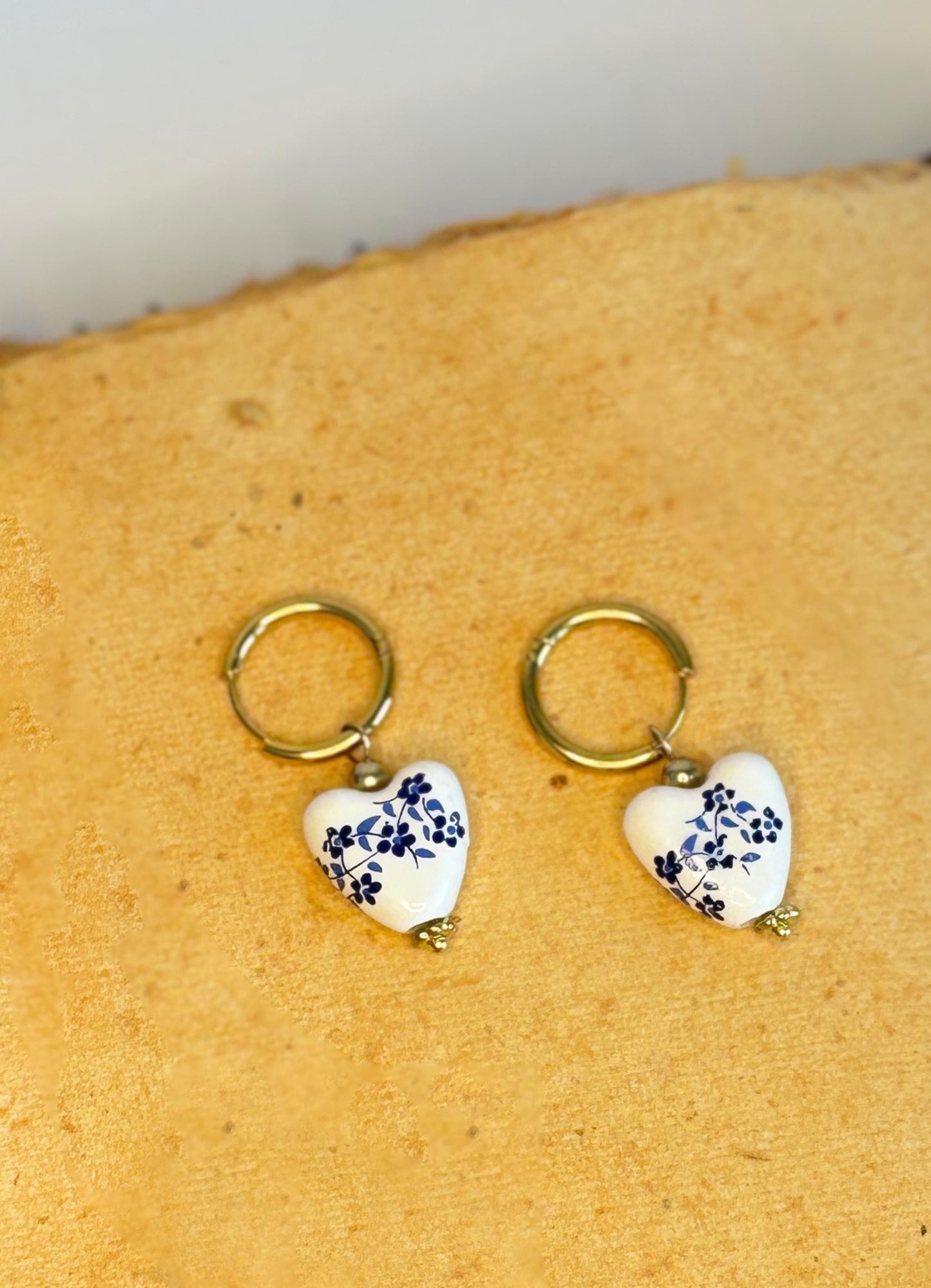 Blue Floral Porcelain Heart Earrings | Handmade Ceramic Hoops | Traditional Beauty with Symbolic Meaning, Romantic Gift