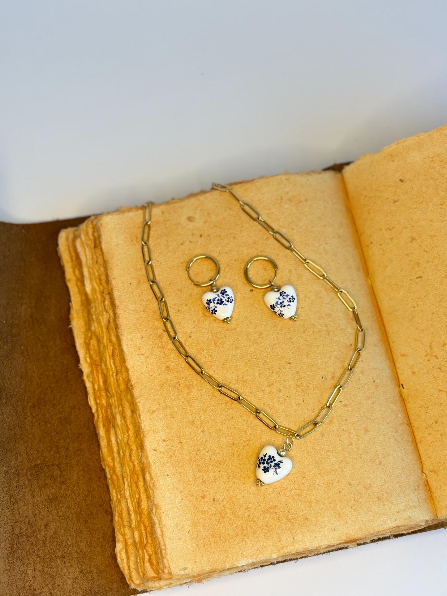 Blue Floral Porcelain Heart Jewelry Set | Handmade Ceramic Necklace & Hoop Earrings | Romantic Gift, Symbol of Love and Elegance