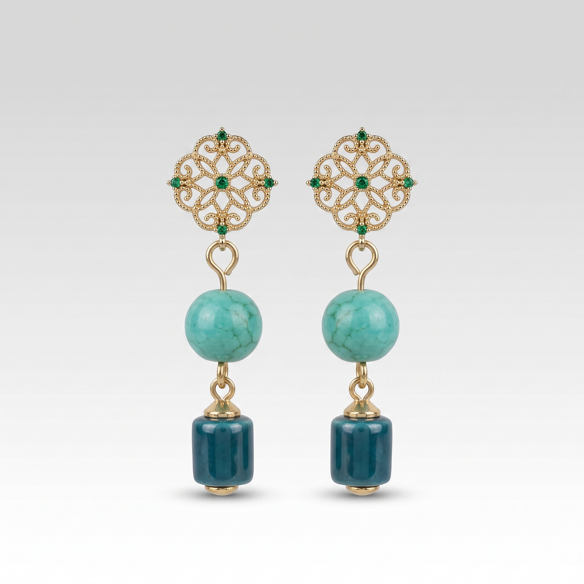 Gold Plated Butterfly Dangle Earrings | Jade Green Ceramic & Blue Porcelain