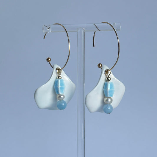 Handmade Ceramic Petal Earrings – Ceramic Hibiscus Flower with Blue Beads, Pearl & Aquamarine | Romantic Jewelry | Gift for Her