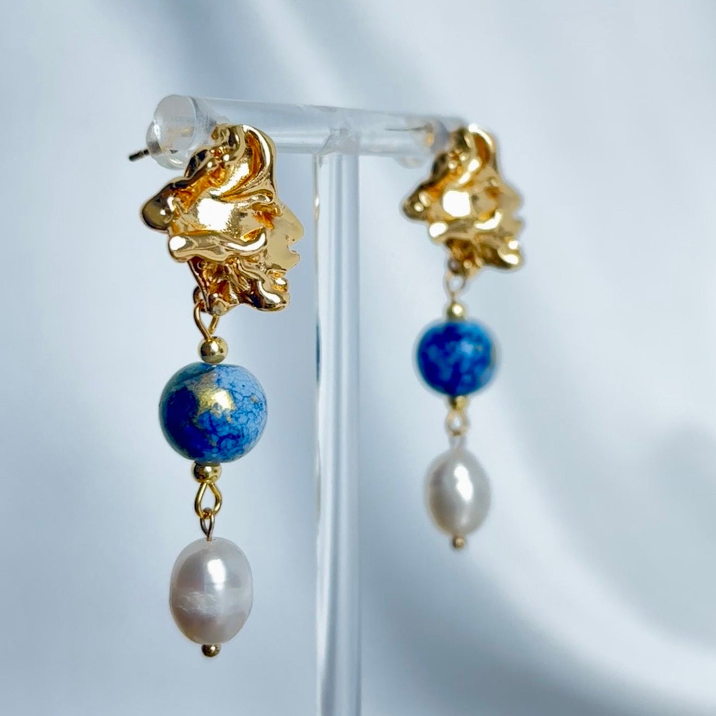 Blue Porcelain Beads and Pearl Pendants Earring