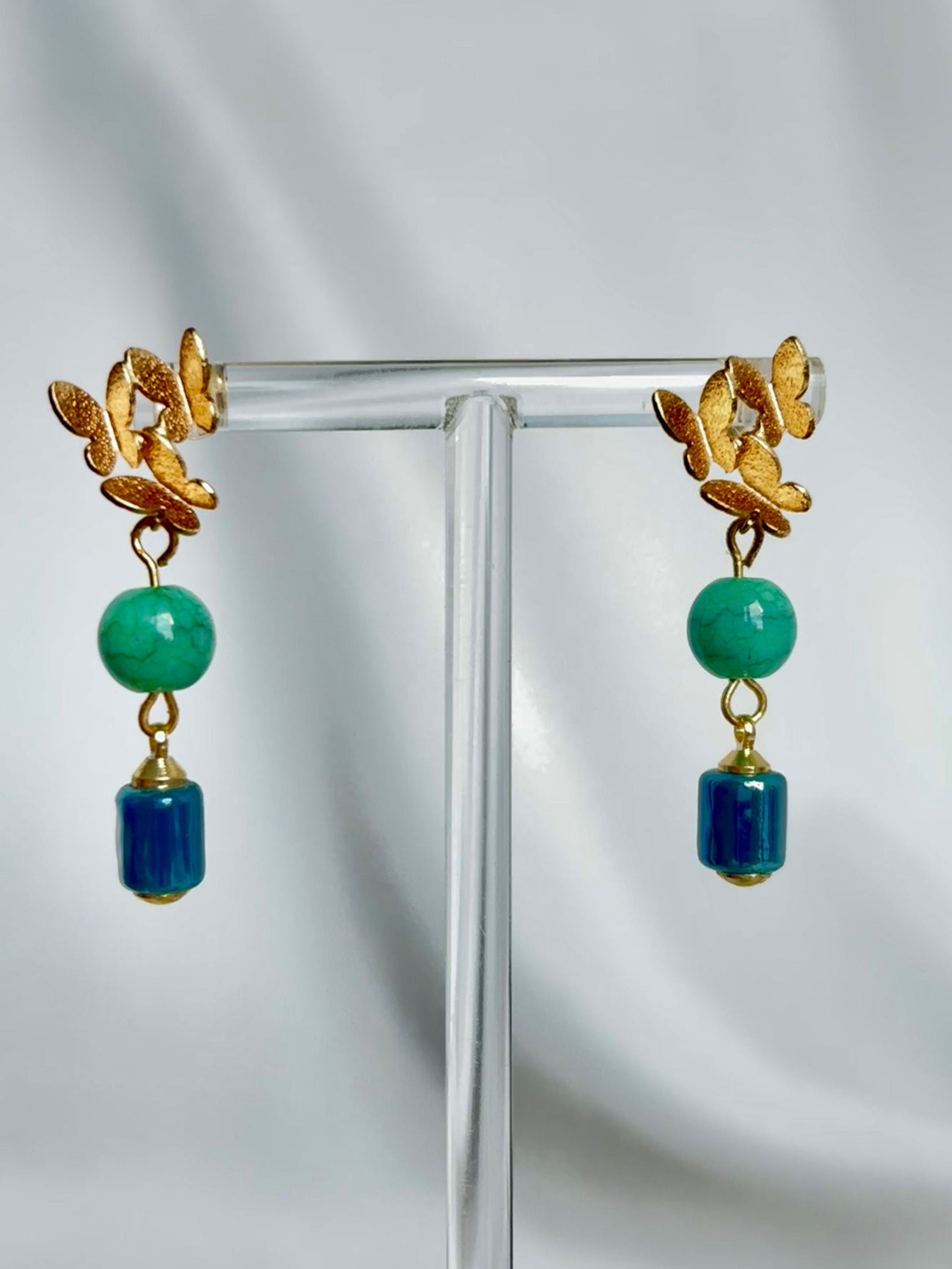 Gold Plated Butterfly Dangle Earrings | Jade Green Ceramic & Blue Porcelain