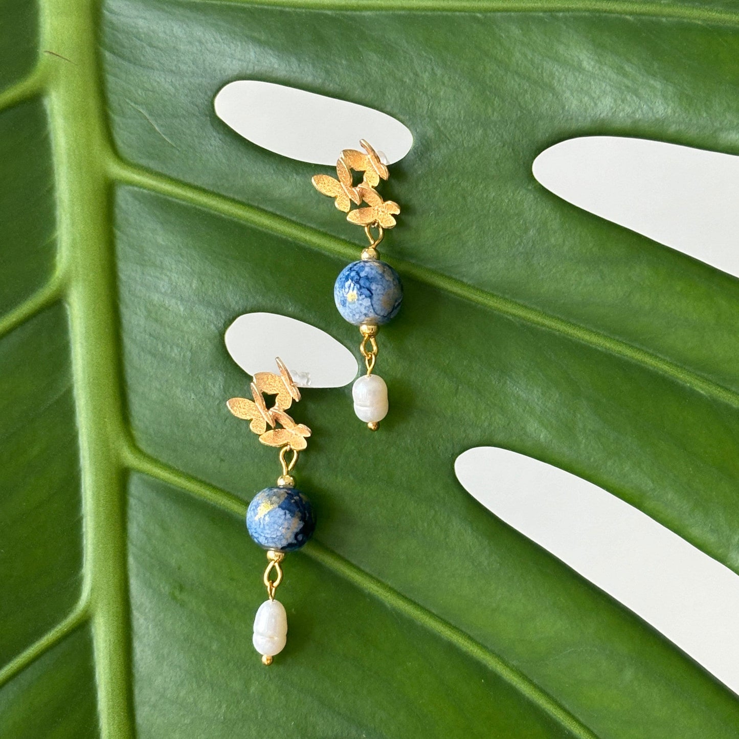 Gold Butterfly Studs with Pearl & Porcelain