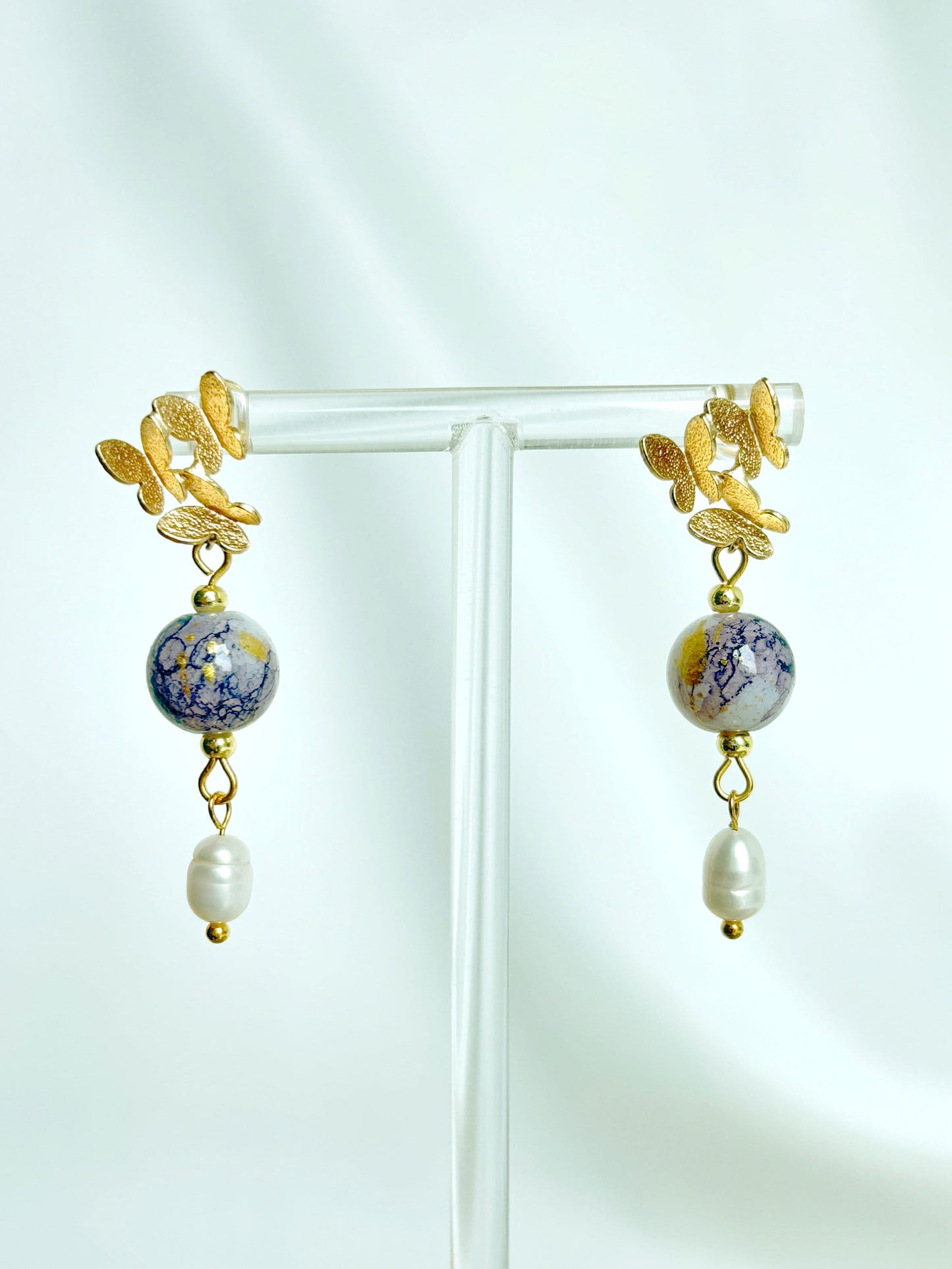 Gold Butterfly Studs with Pearl & Porcelain