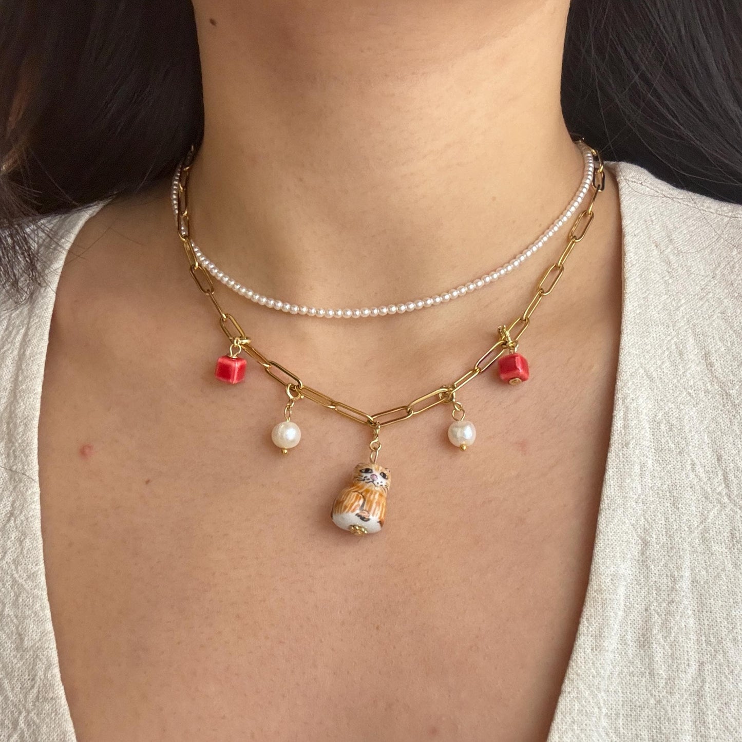 Customizable Porcelain Kitty Necklace with 4 Charms| Cute and Unique Handcrafted Jewelry | Cute Gift | Cat Lovers