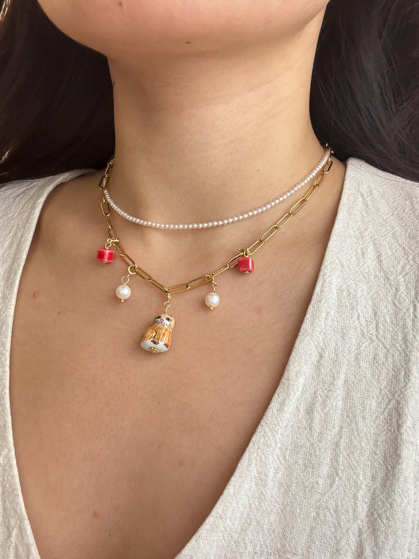 Customizable Porcelain Kitty Necklace with 4 Charms| Cute and Unique Handcrafted Jewelry | Cute Gift | Cat Lovers