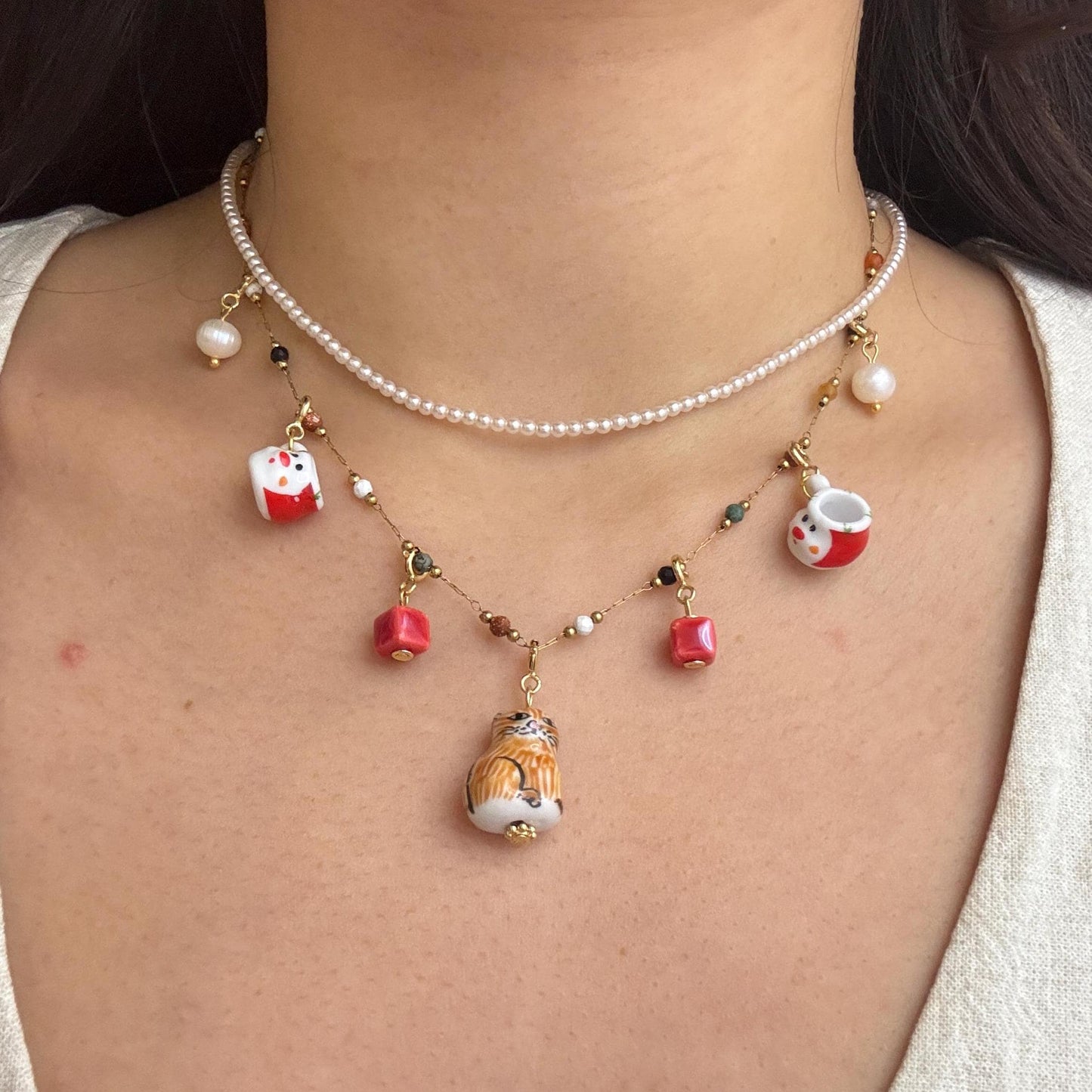 Customizable Porcelain Kitty Necklace with 7 Charms | Cute and Unique Handcrafted Jewelry | Cute Gift | Cat Lovers