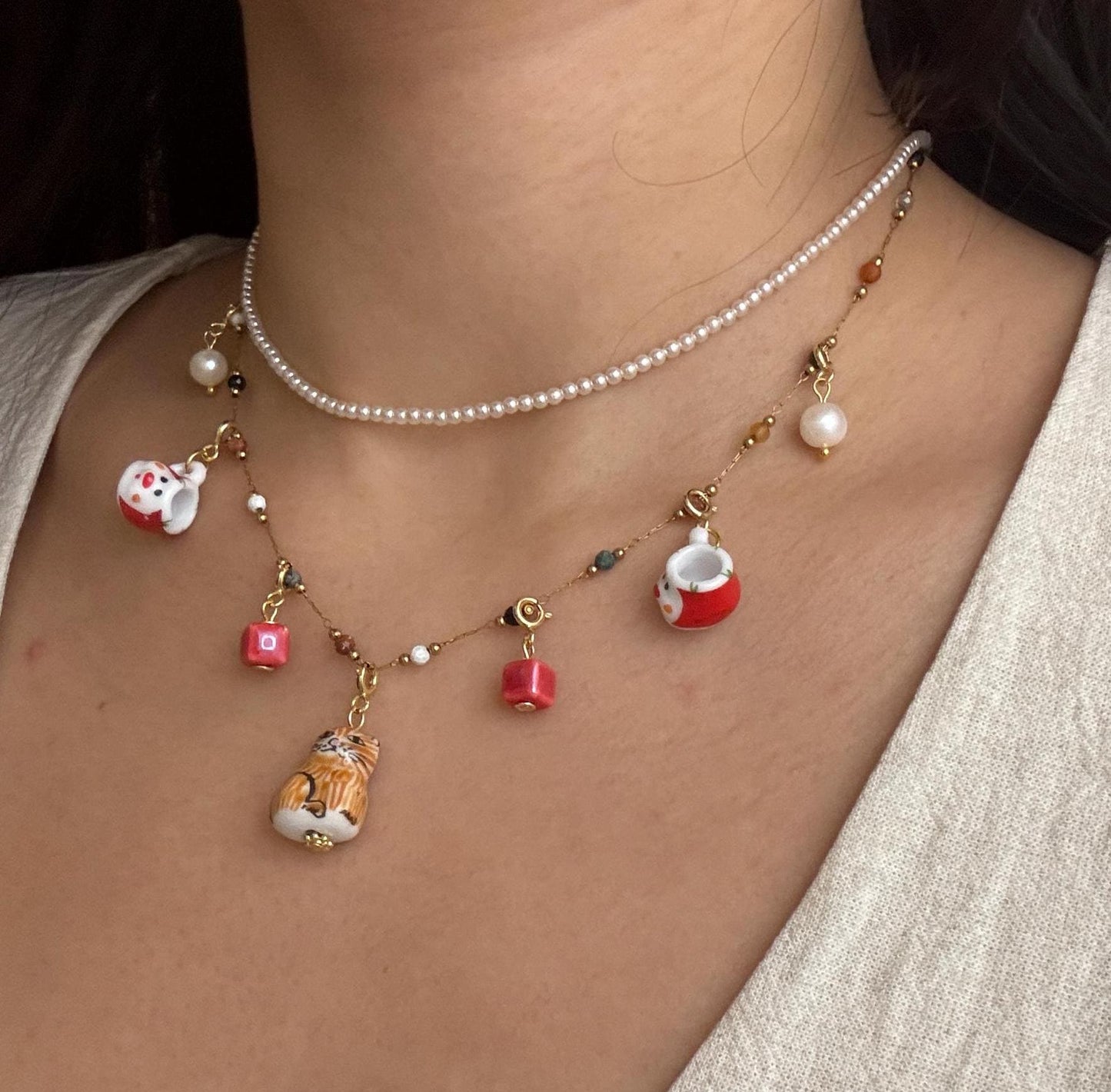 Customizable Porcelain Kitty Necklace with 7 Charms | Cute and Unique Handcrafted Jewelry | Cute Gift | Cat Lovers