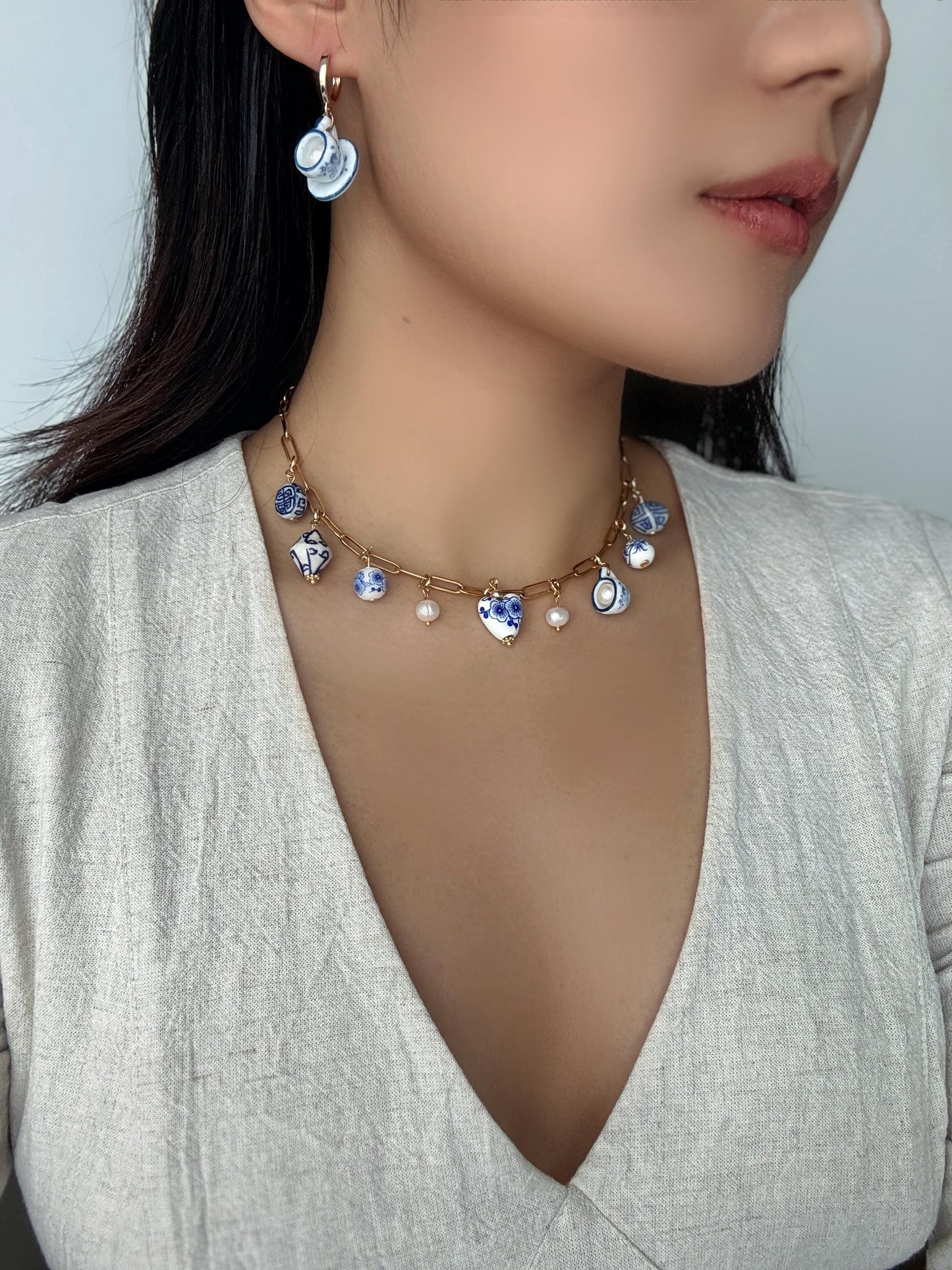 Customizable Porcelain Charm Necklace with 9 beads