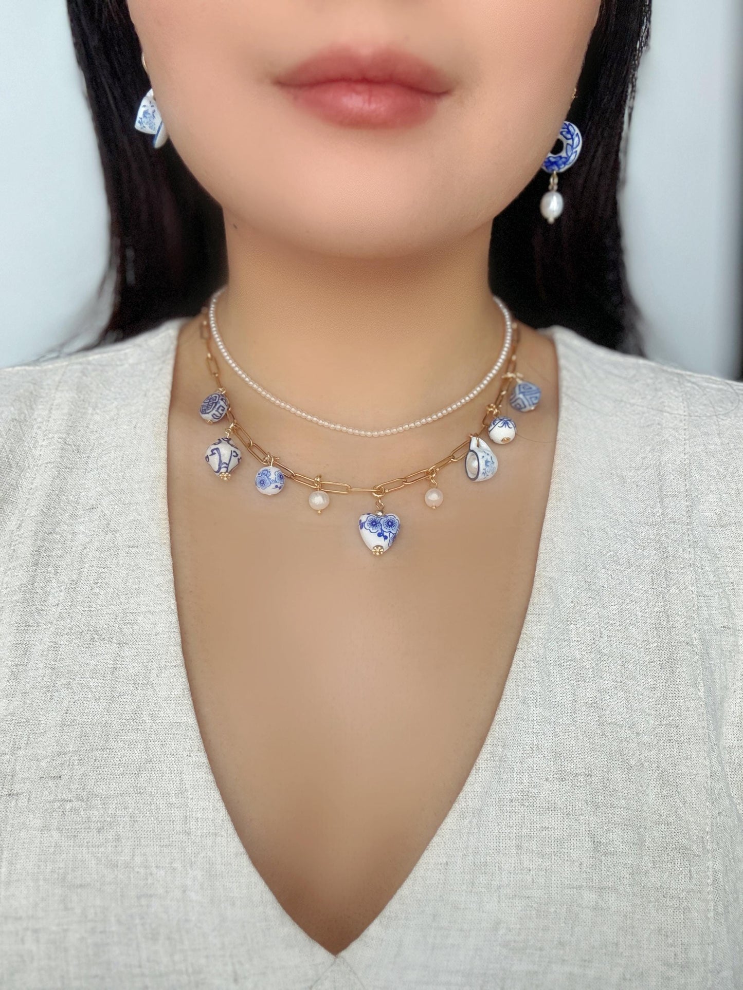 Customizable Porcelain Charm Necklace with 9 beads