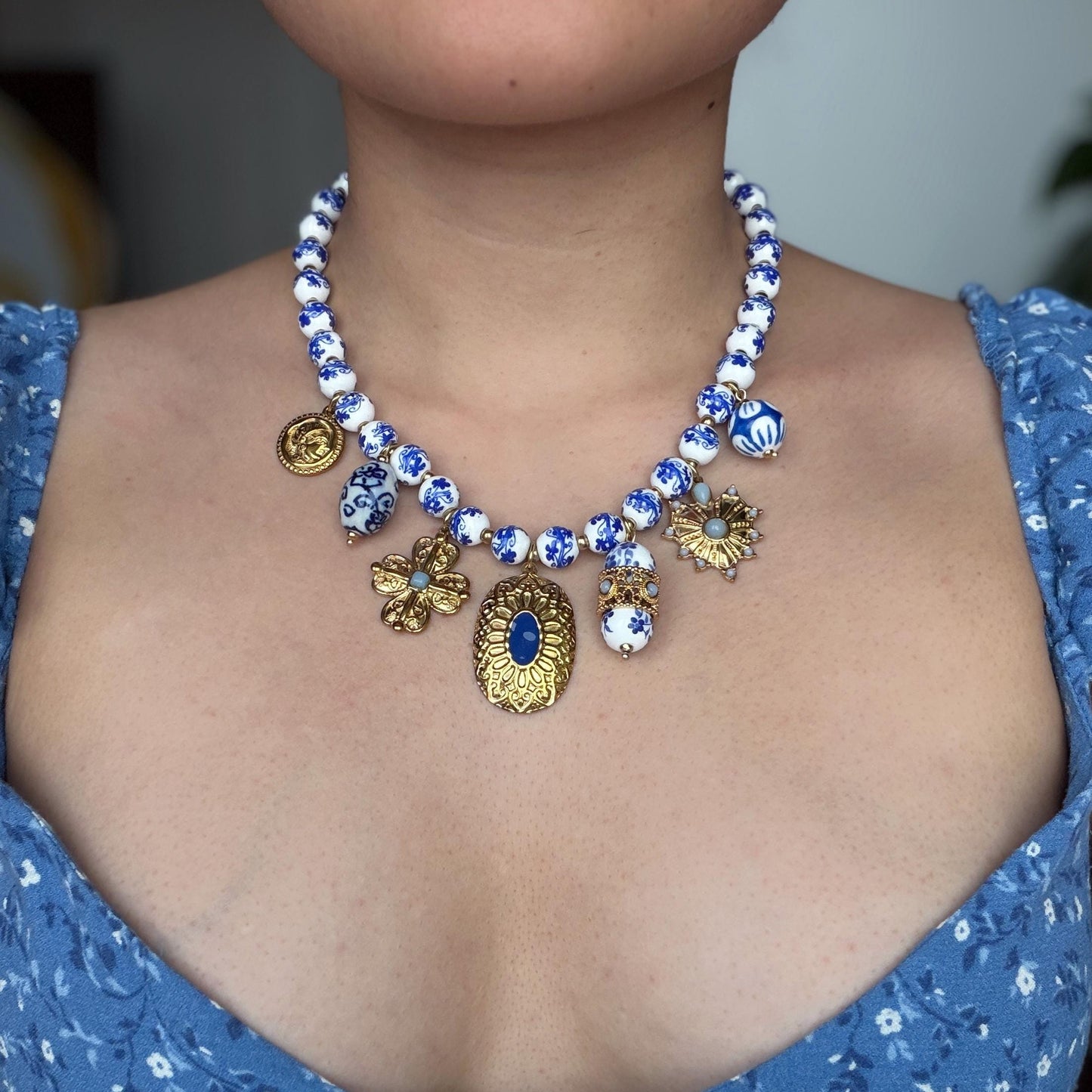 Vintage-Inspired Blue & White Chinoiserie Porcelain Charm Necklace | Gold-Plated Chain, Customizable Beads