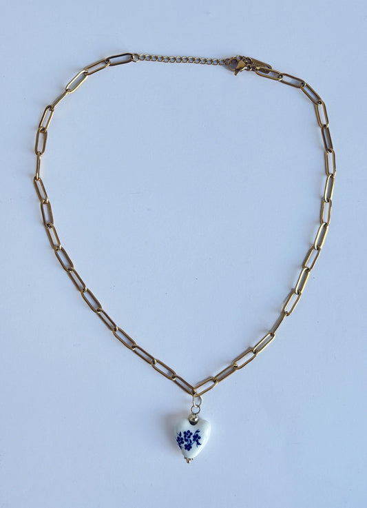 Blue and White Porcelain Heart Necklace | Handmade Ceramic Pendant | Romantic Floral Jewelry, Symbol of Eternal Love & Resilience