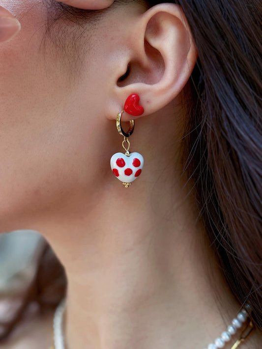 Porcelain Dapple Heart Hoop Earrings, Handmade Gift for Her, Romantic Dainty Jewelry, Drop Earrings