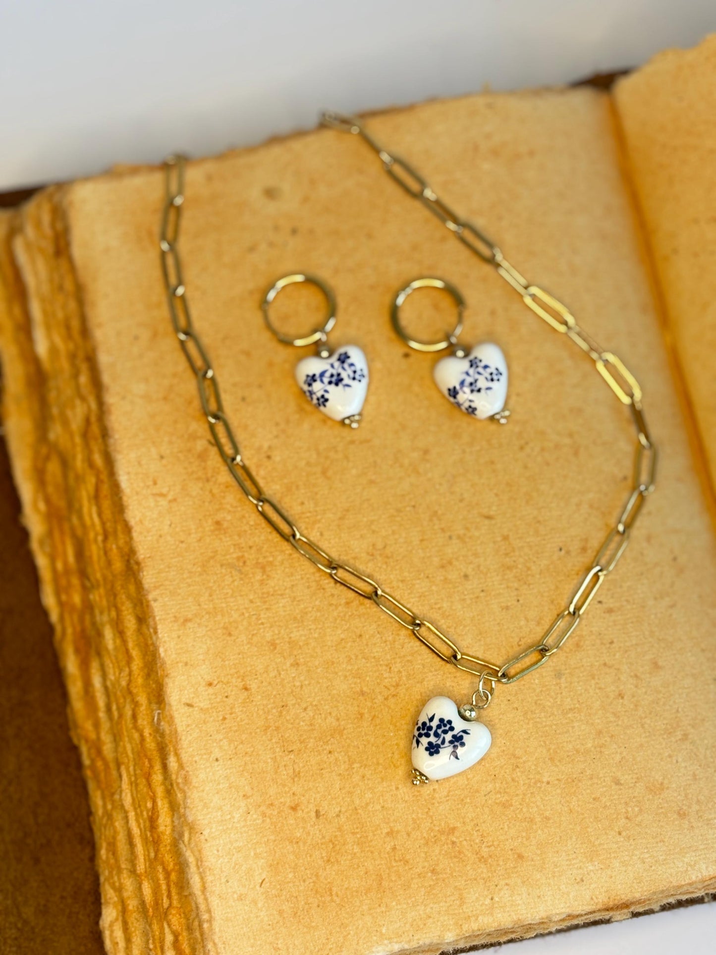 Blue Floral Porcelain Heart Jewelry Set | Handmade Ceramic Necklace & Hoop Earrings | Romantic Gift, Symbol of Love and Elegance