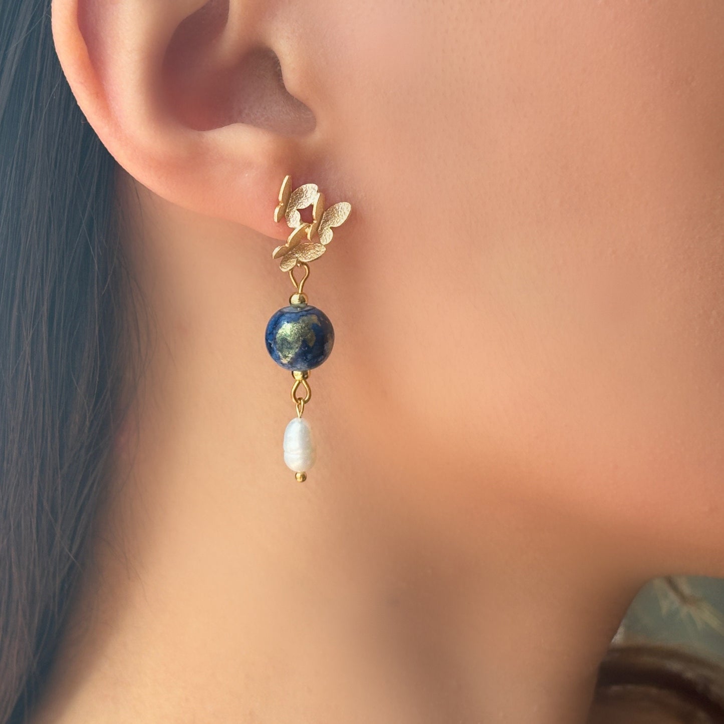 Blue Ink Porcelain Butterfly Stud Earrings with Pear