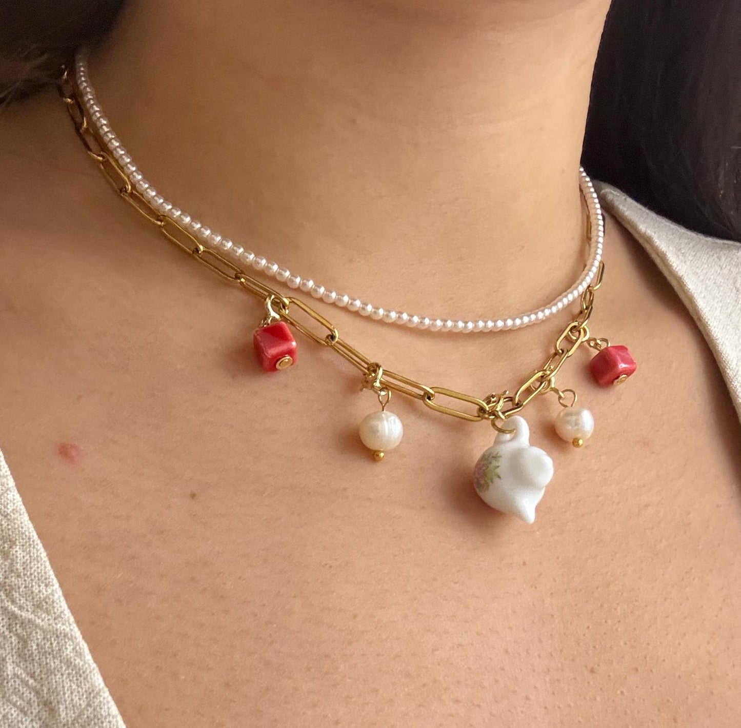 Customizable Porcelain Kettle Necklace with 5 beads | Cute and Unique Handcrafted Jewelry | Unique Gift