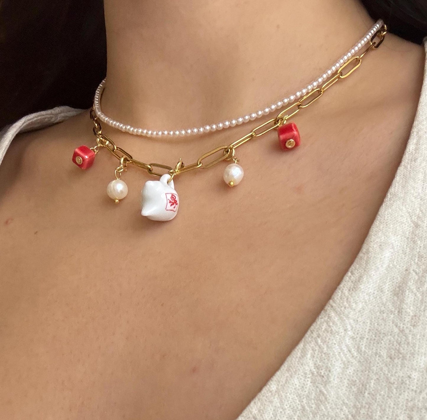 Customizable Porcelain Kettle Necklace with 5 beads | Cute and Unique Handcrafted Jewelry | Unique Gift