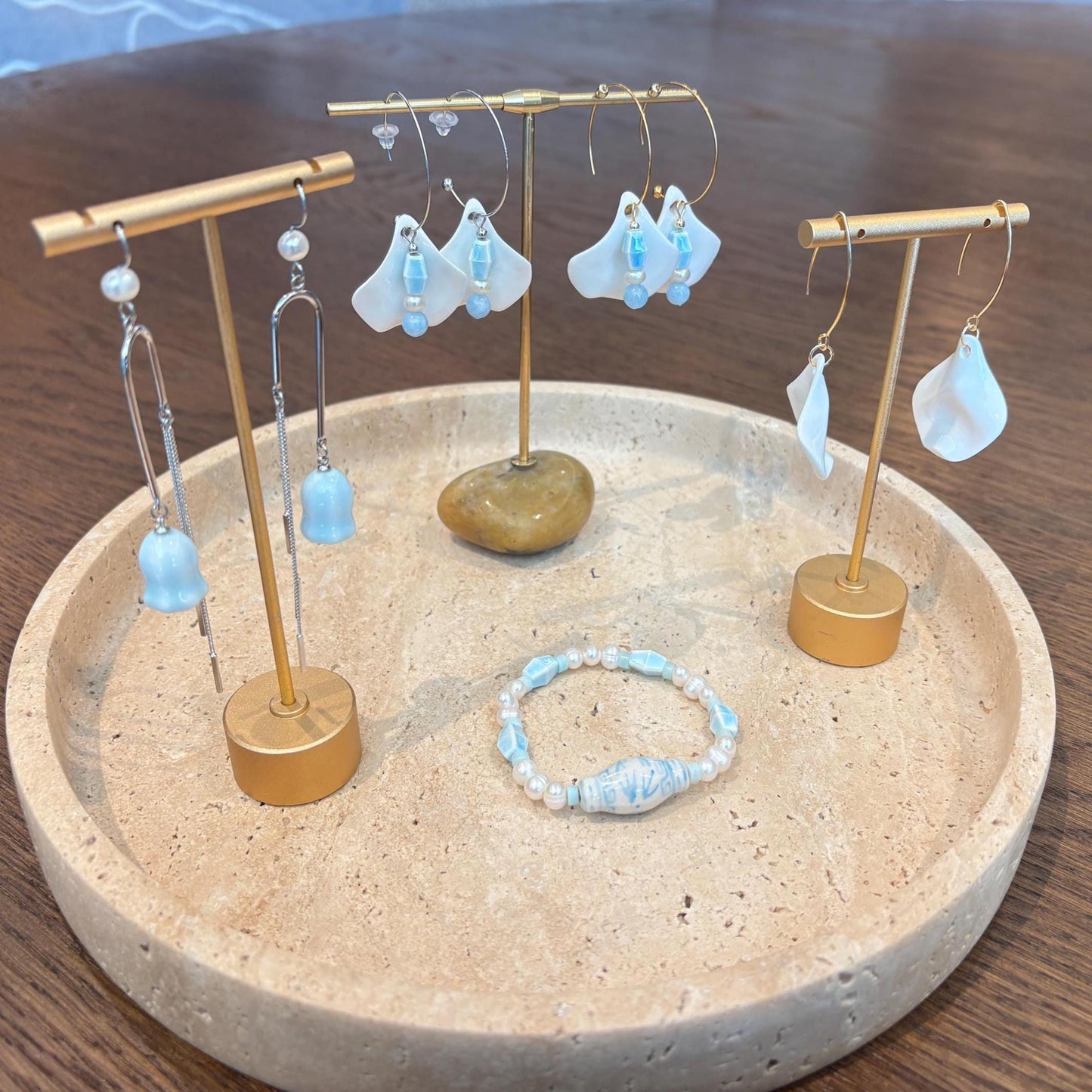 Handmade Ceramic Petal Earrings – Ceramic Hibiscus Flower with Blue Beads, Pearl & Aquamarine | Romantic Jewelry | Gift for Her