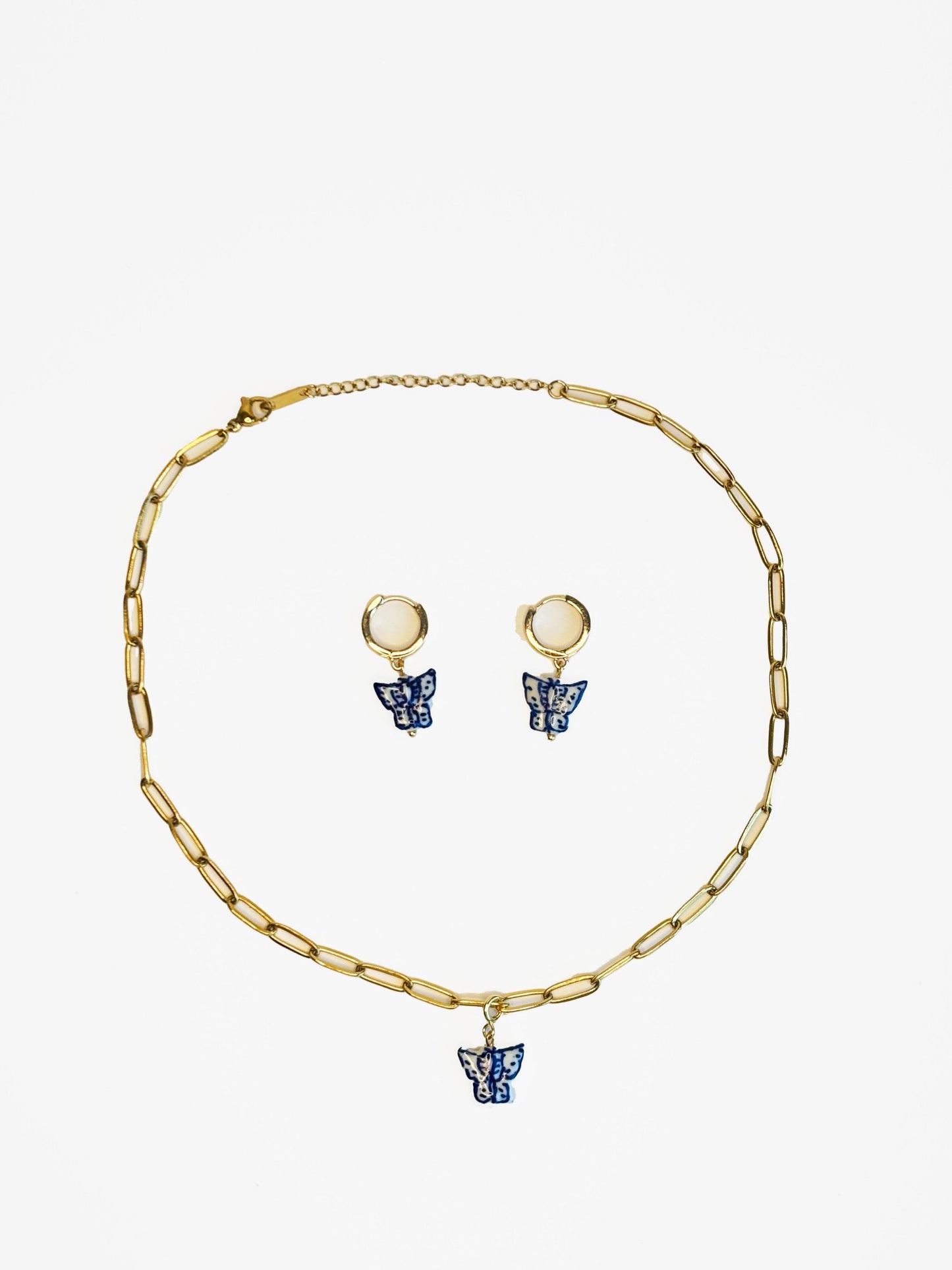 Blue Porcelain Butterfly Set | Handmade Ceramic Necklace and Earrings | Symbol of Transformation, Luck & Beauty | Elegant Gift for Her