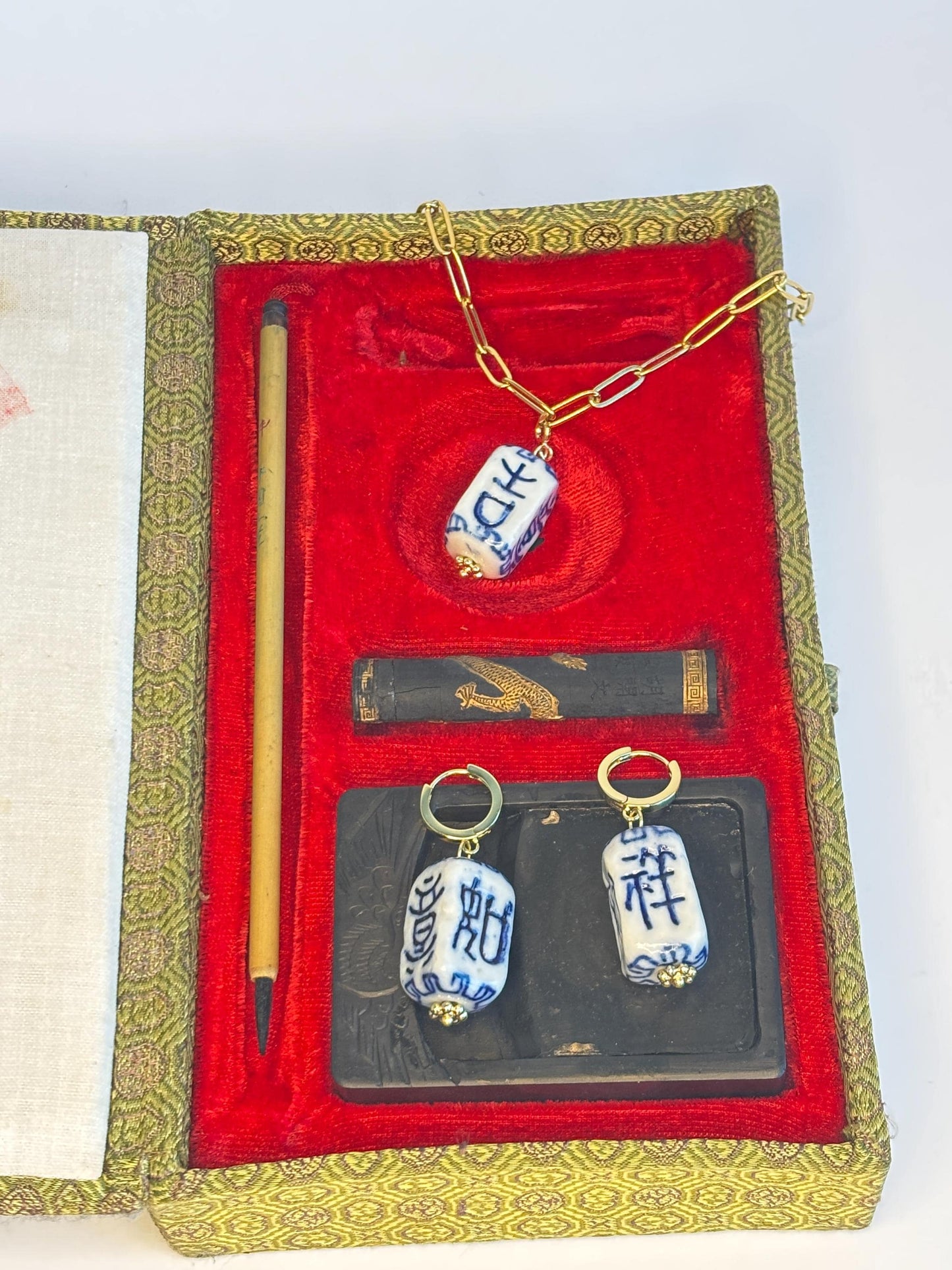 Auspicious Harmony Set | Handmade Porcelain Necklace & Earrings | Blue and White Ceramic Jewelry with Chinese Blessings, Lucky Gift