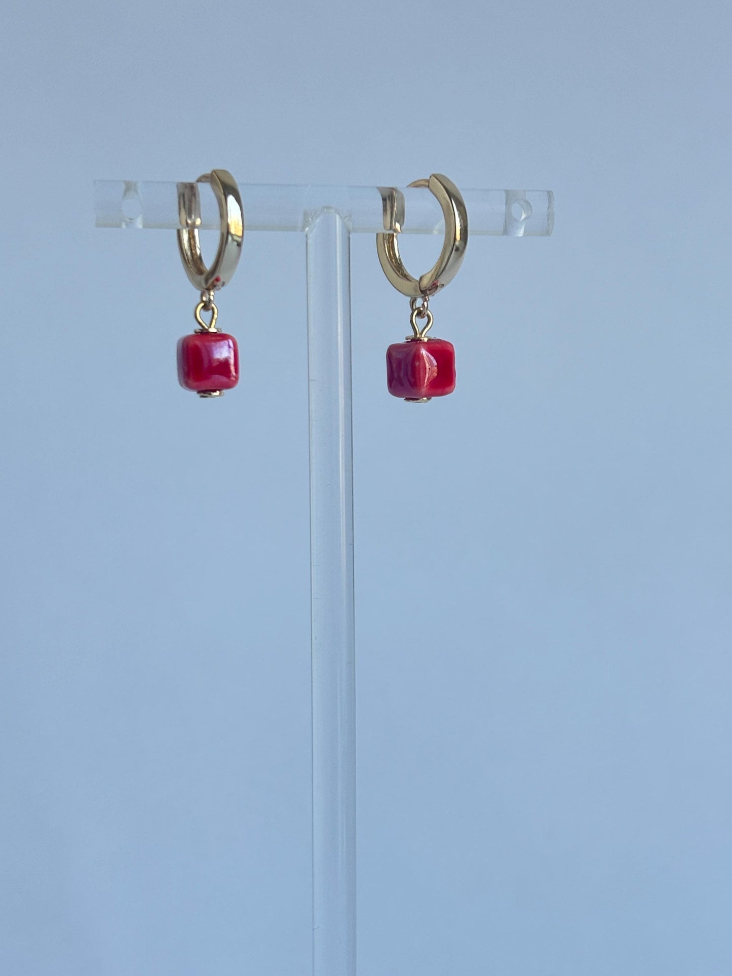 Red Square Porcelain Hoops | Handmade Ceramic Hoop Earrings | Minimalist Red Charm Jewelry, Everyday Elegant Gift