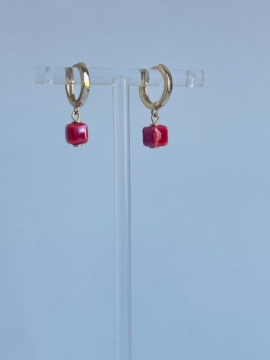 Red Square Porcelain Hoops | Handmade Ceramic Hoop Earrings | Minimalist Red Charm Jewelry, Everyday Elegant Gift