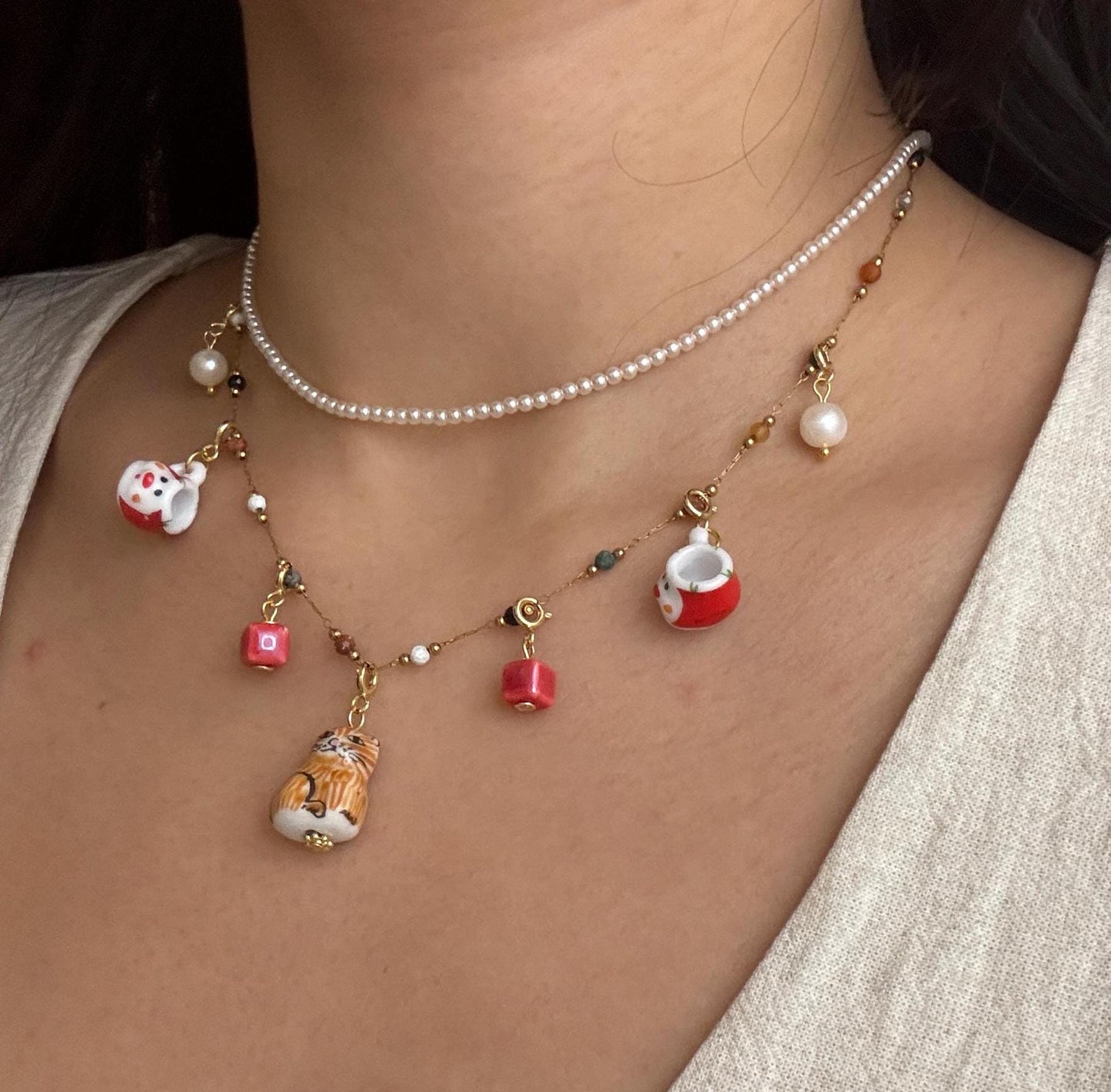 Customizable Porcelain Kitty Necklace with 7 beads | Cute and Unique Handcrafted Jewelry | Cute Gift | Cat Lovers