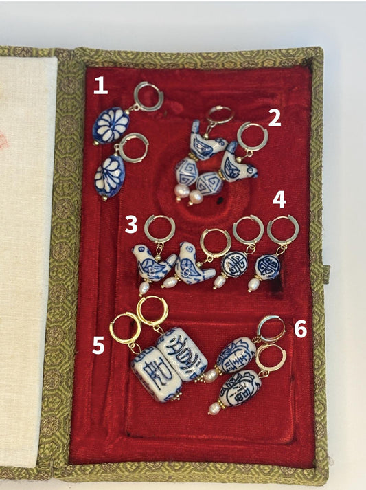 Blessings in Blue | Porcelain Drop Earrings | Handcrafted Chinese Blue & White Ceramic Jewelry, Pearl Dangle Earrings, Auspicious Gift