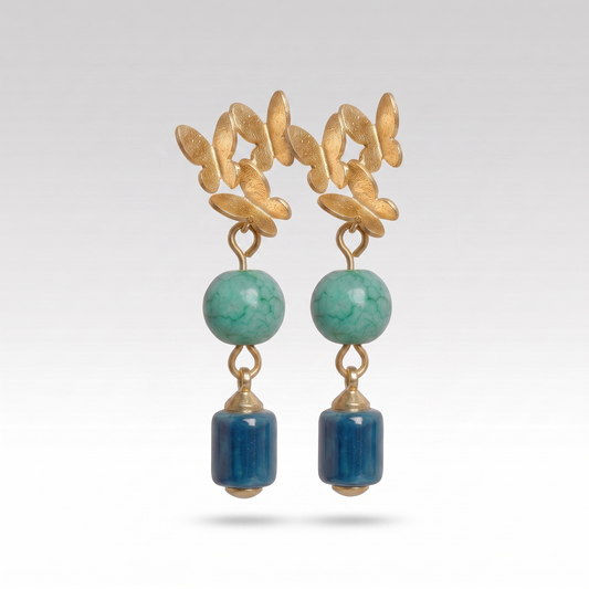 Gold Plated Butterfly Dangle Earrings | Jade Green Ceramic & Blue Porcelain