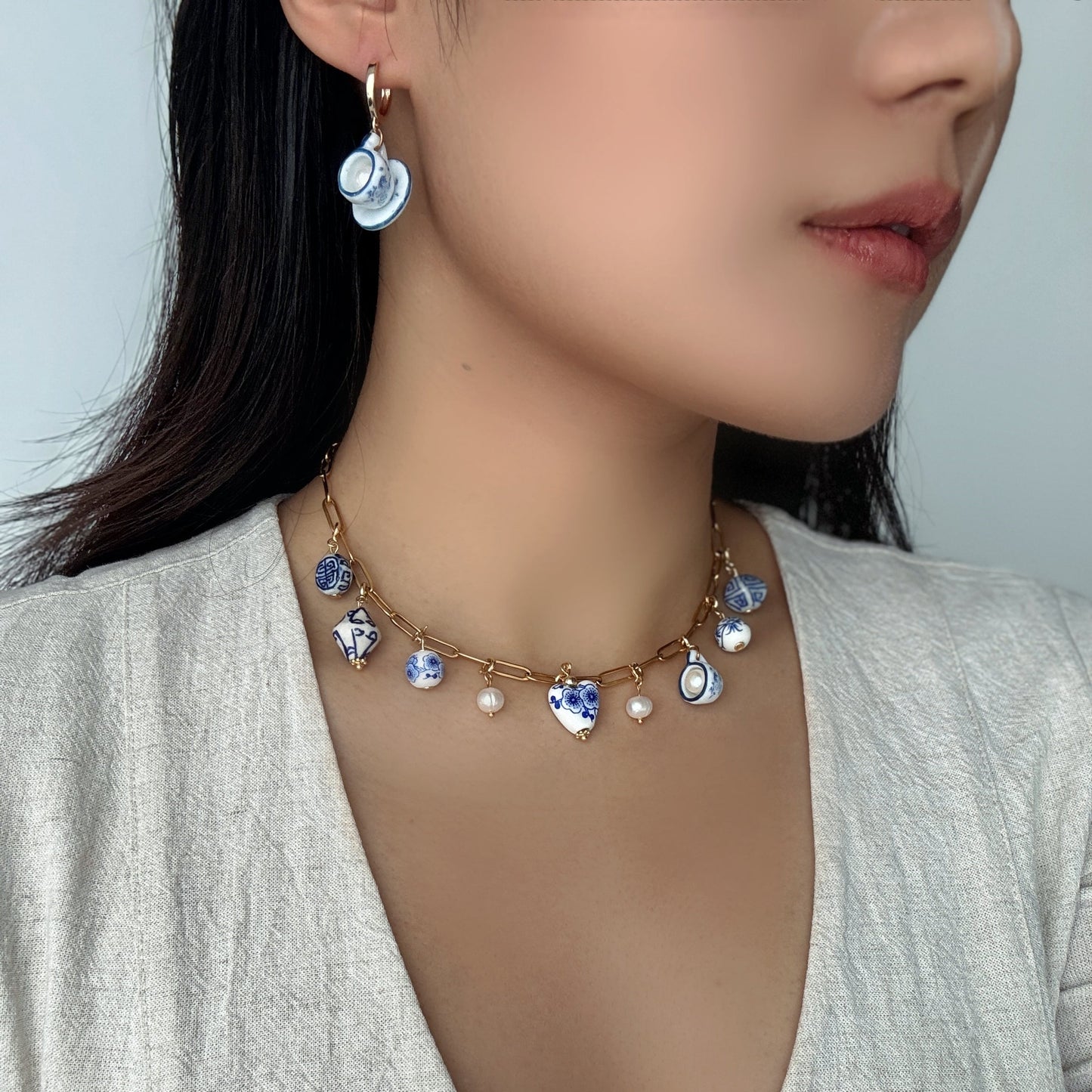 Pearl in a Cup -  Porcelain & Pearl Tea-set Earrings