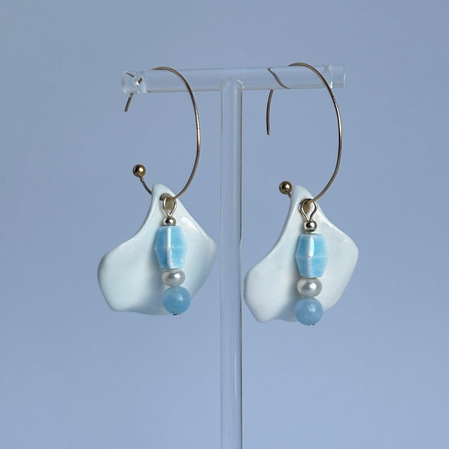 Handmade Ceramic Petal Earrings – Ceramic Hibiscus Flower with Blue Beads, Pearl & Aquamarine | Romantic Jewelry | Gift for Her