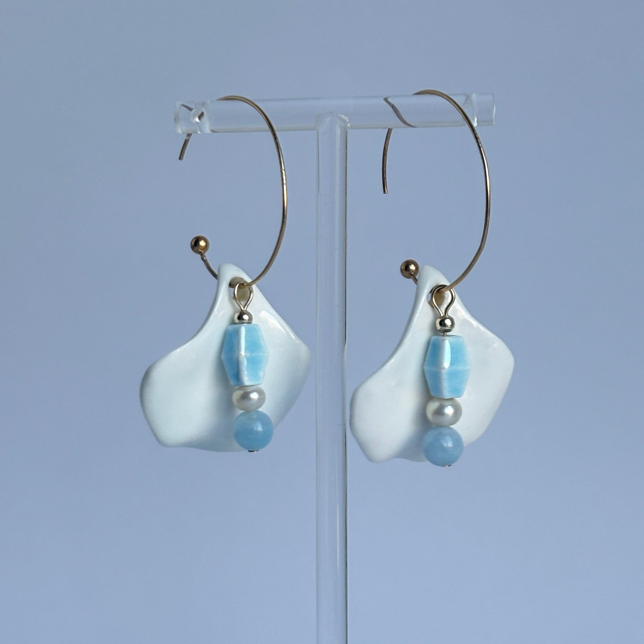 Handmade Ceramic Petal Earrings – Ceramic Hibiscus Flower with Blue Beads, Pearl & Aquamarine | Romantic Jewelry | Gift for Her