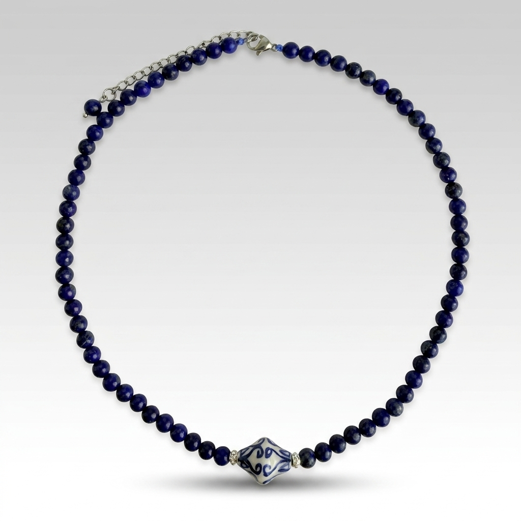 A beaded necklace featuring deep navy blue beads with a central diamond-shaped glass pendant decorated with blue and white floral patterns, set against a light gray gradient background.