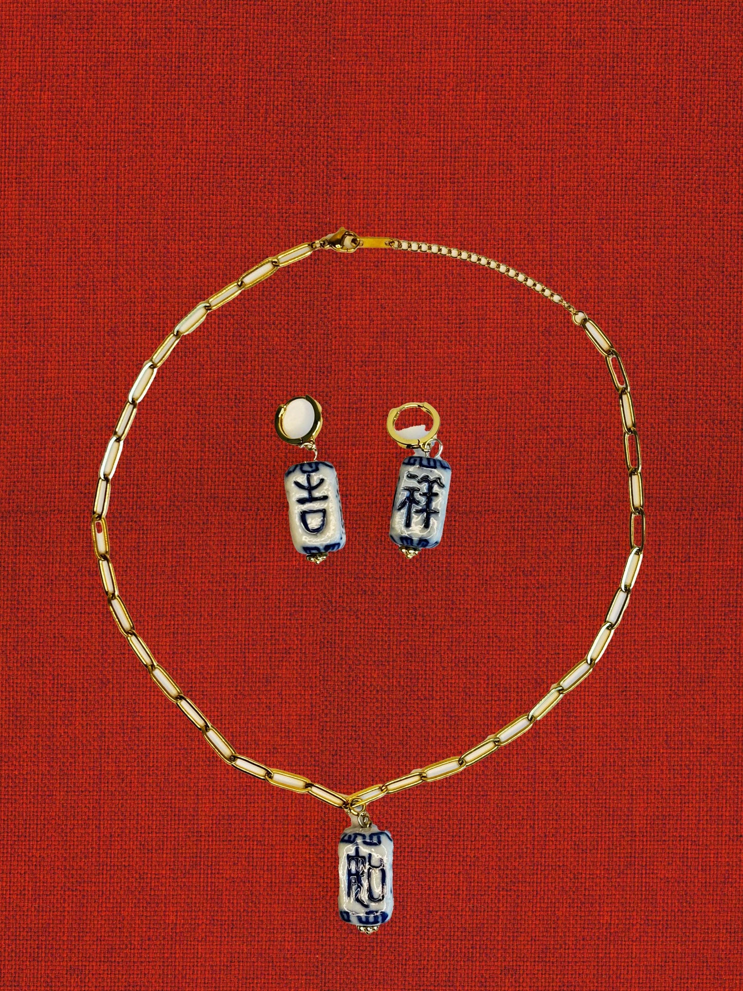 Auspicious Harmony Set | Handmade Porcelain Necklace & Earrings | Blue and White Ceramic Jewelry with Chinese Blessings, Lucky Gift