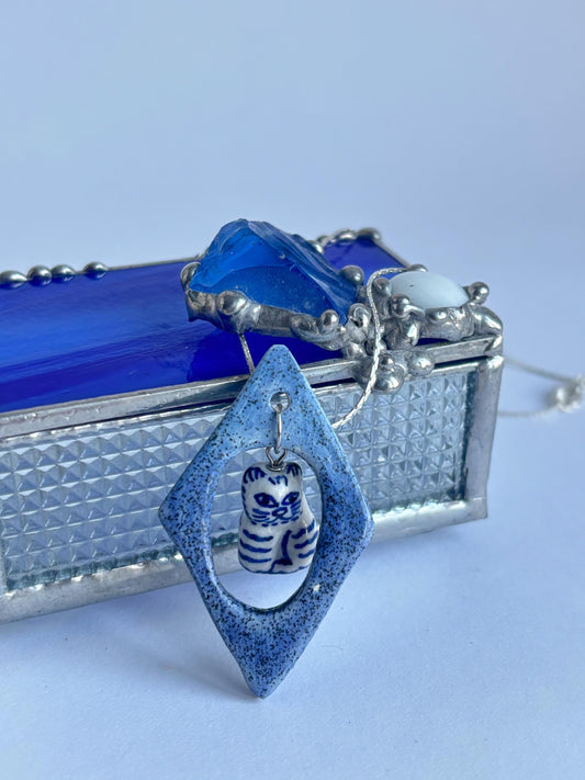 Blue Porcelain Cat Pendant | Handmade Ceramic Necklace | Lucky Cat Jewelry, Unique Feline Charm, Artistic Statement Necklace