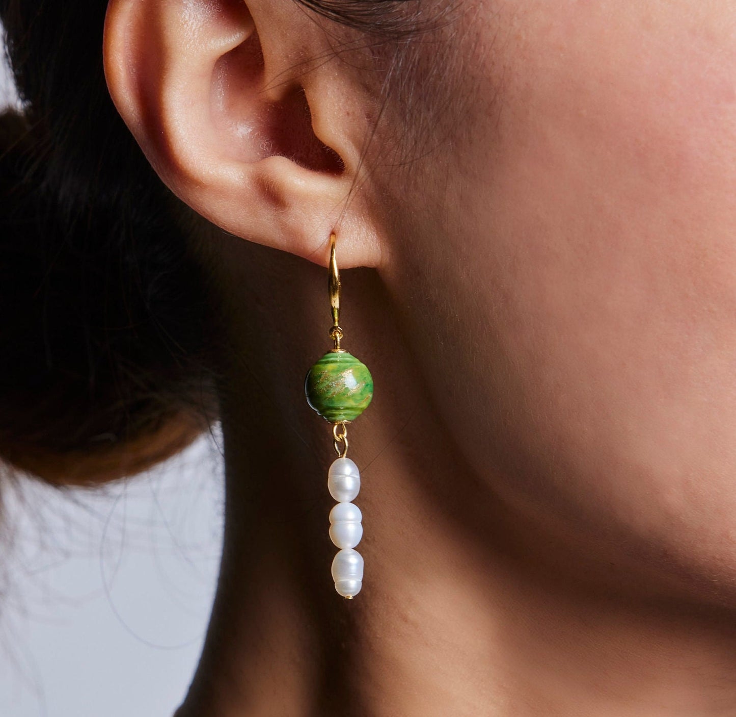 Green Porcelain Bead & Pearl Earrings