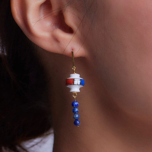 Porcelain Square Earring with Blue Ceramic Beads