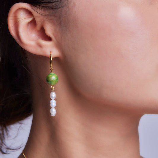 Green Porcelain Bead & Pearl Earrings