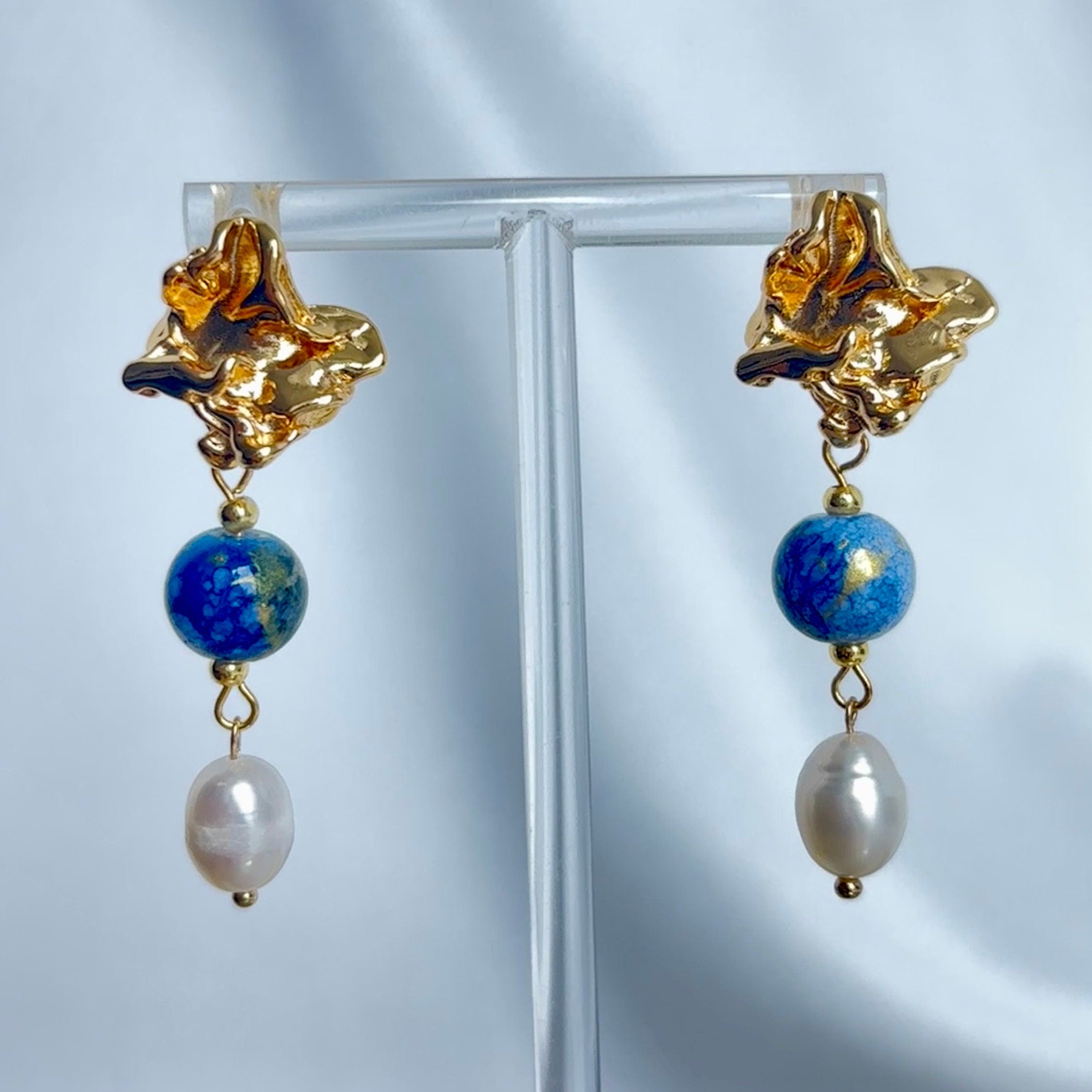 Blue Porcelain Beads and Pearl Pendants Earring