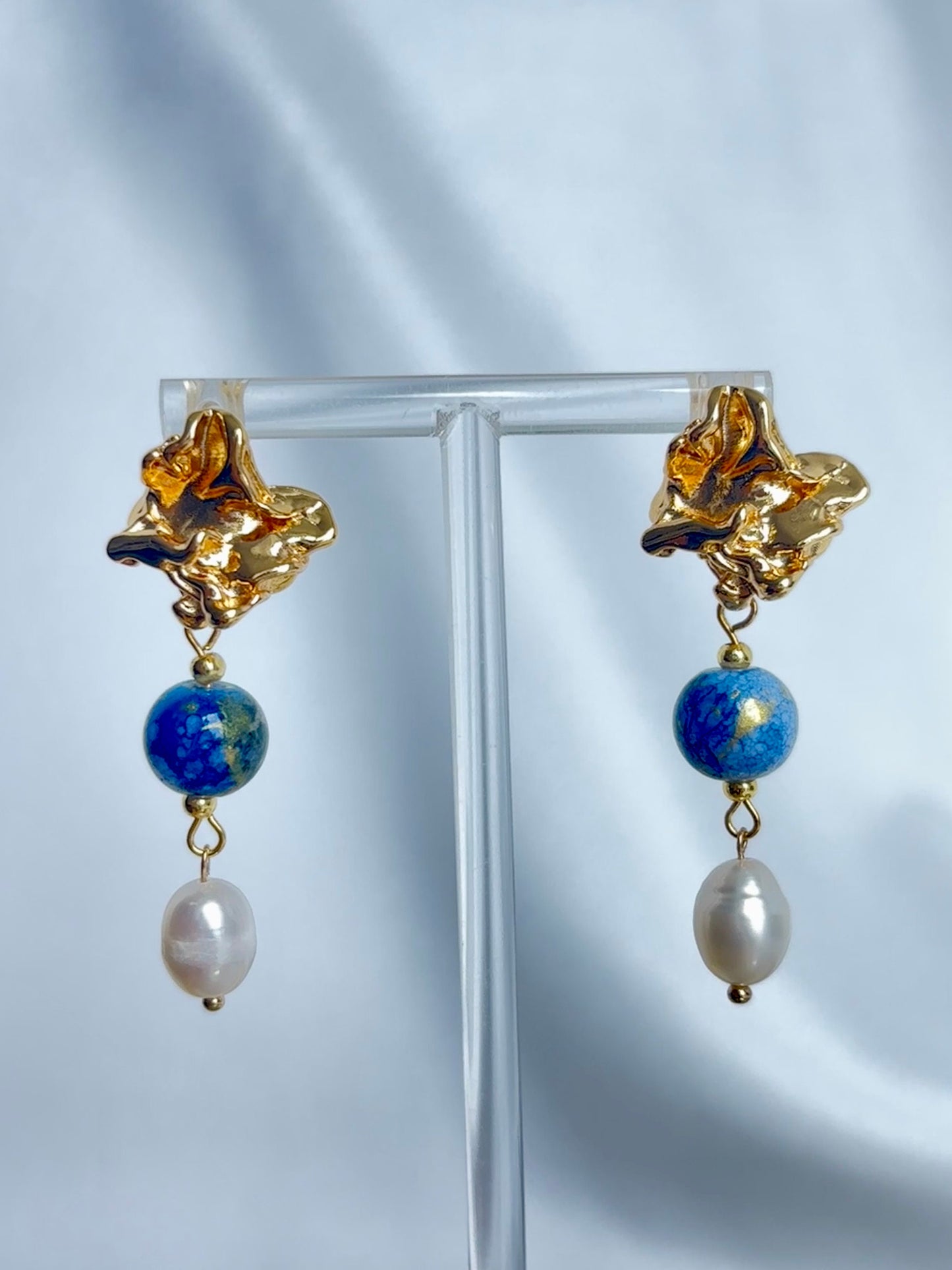 Blue Porcelain Beads and Pearl Pendants Earring