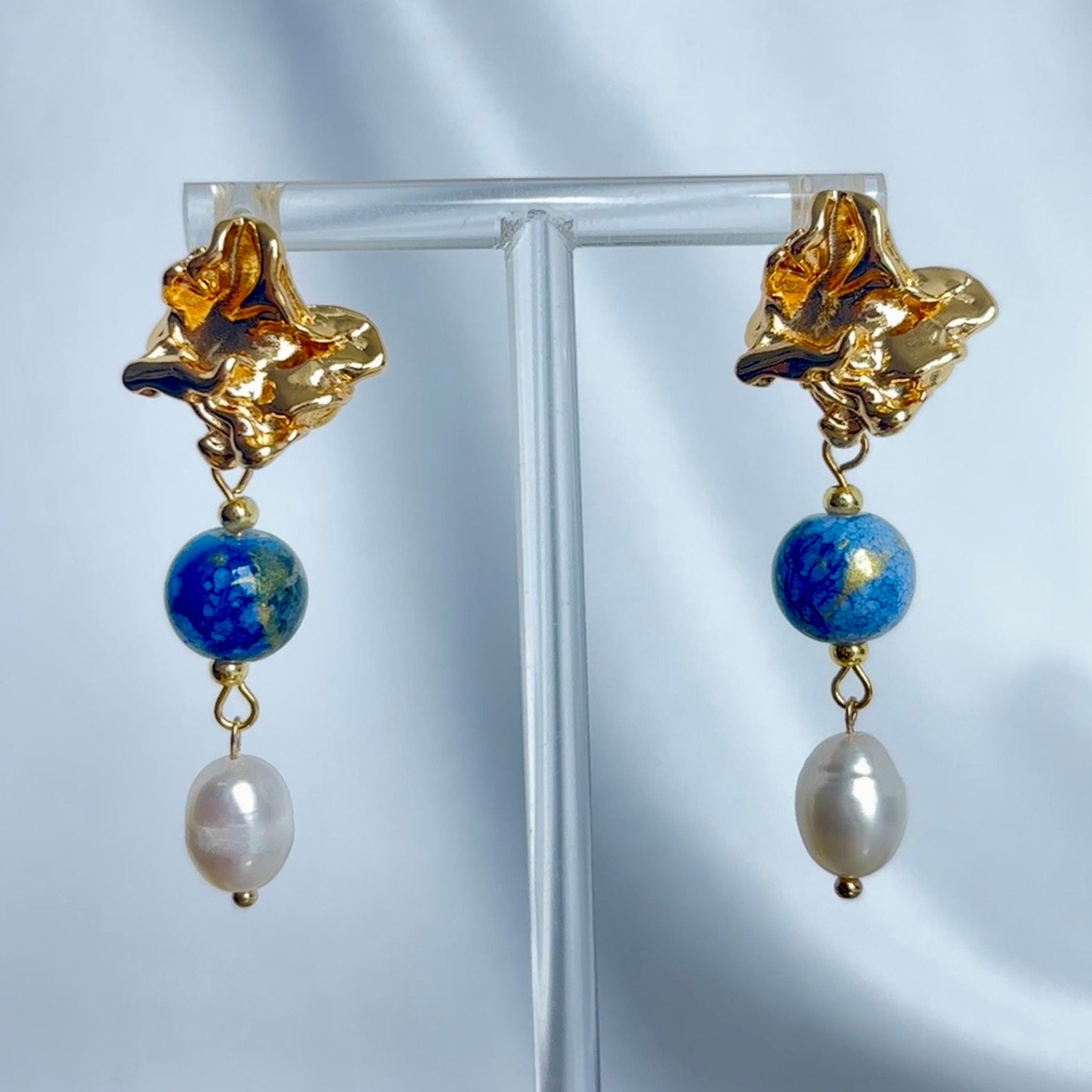 Blue Porcelain Beads and Pearl Pendants Earring