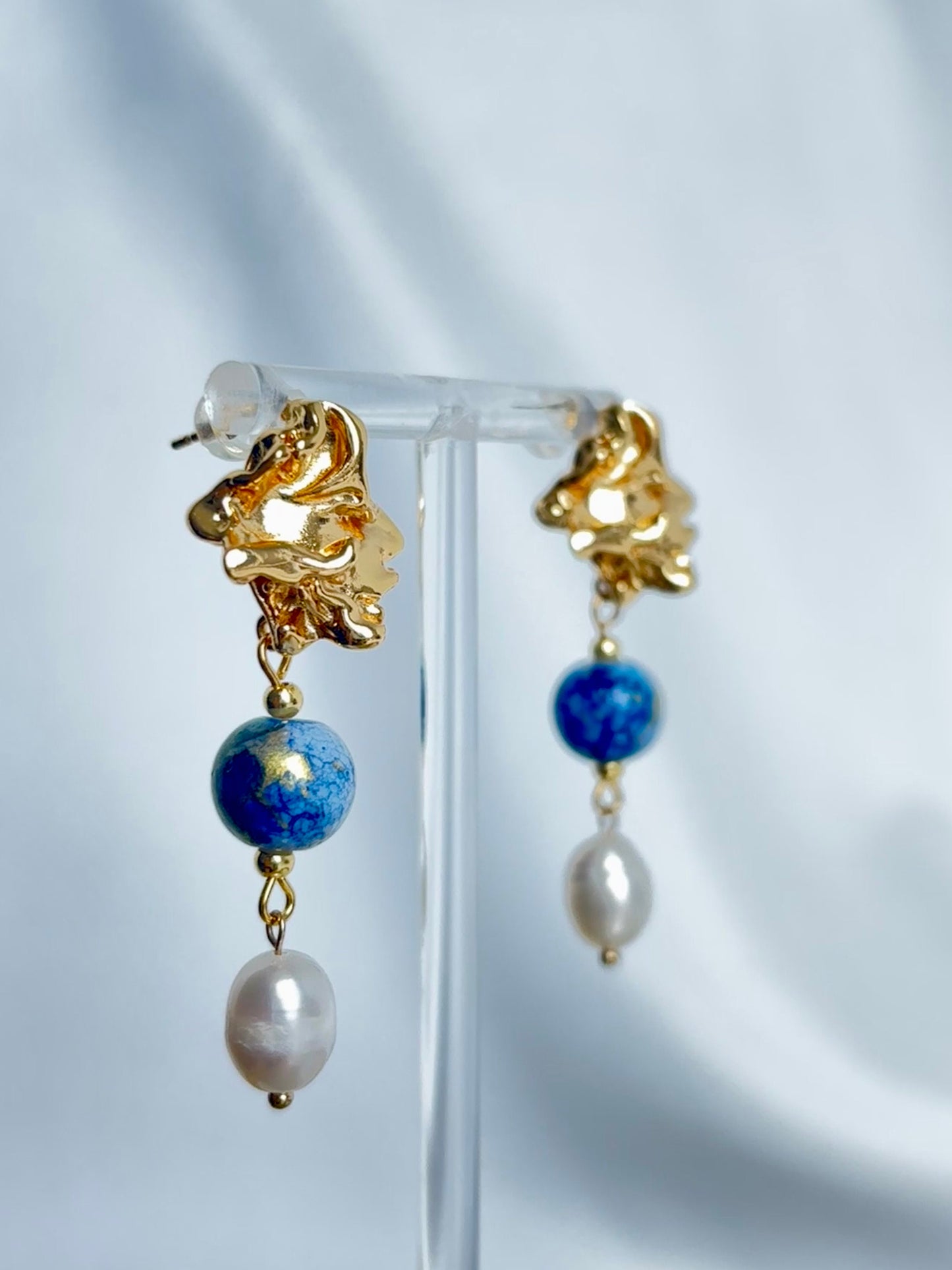 Blue Porcelain Beads and Pearl Pendants Earring