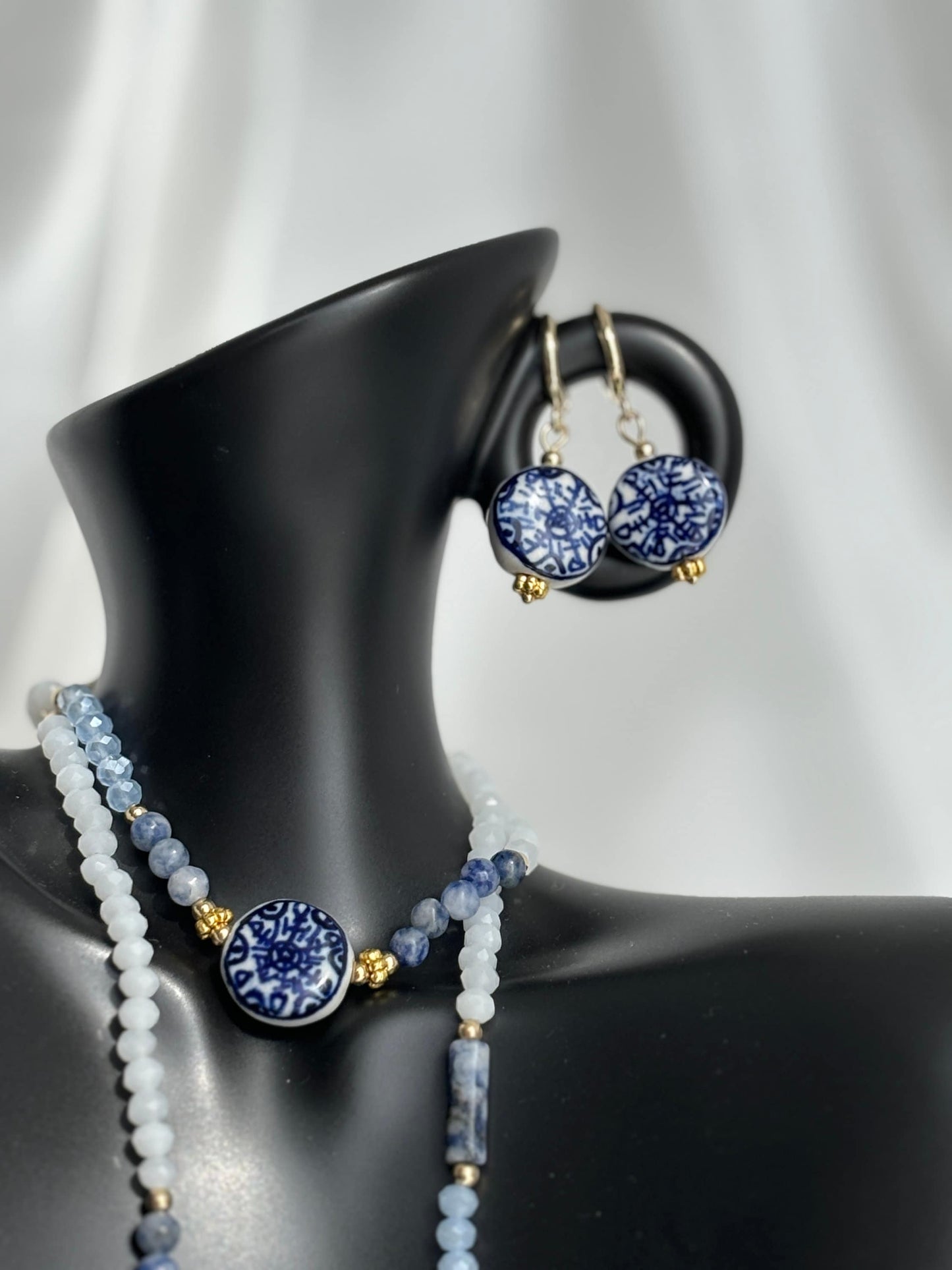 Dark Blue Porcelain Earrings with 18k Gold Hoops