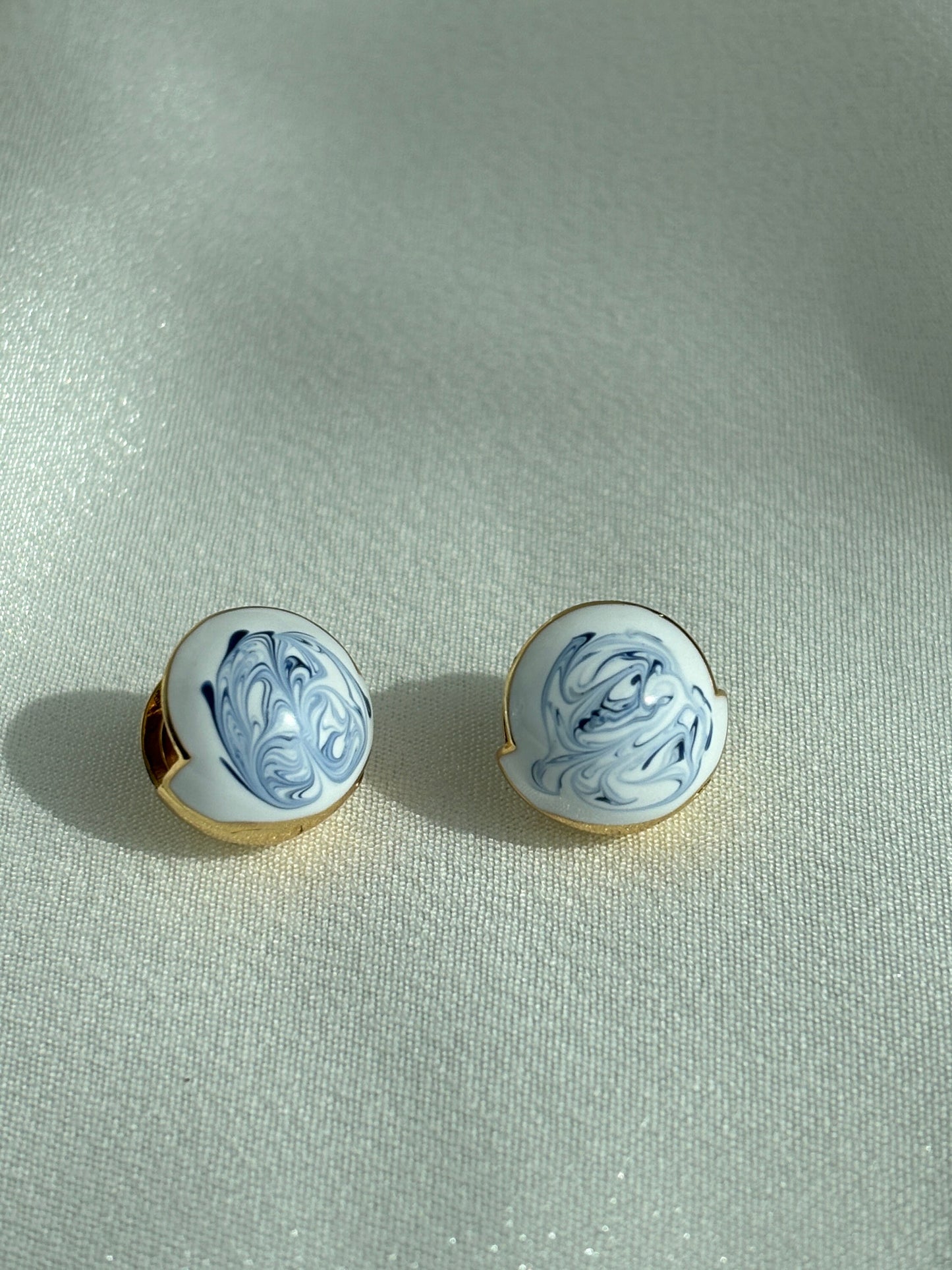 White Porcelain Disc Earrings with Blue Ink