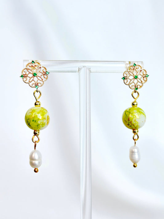 Jade Green Ceramic Bead Earring with Peal