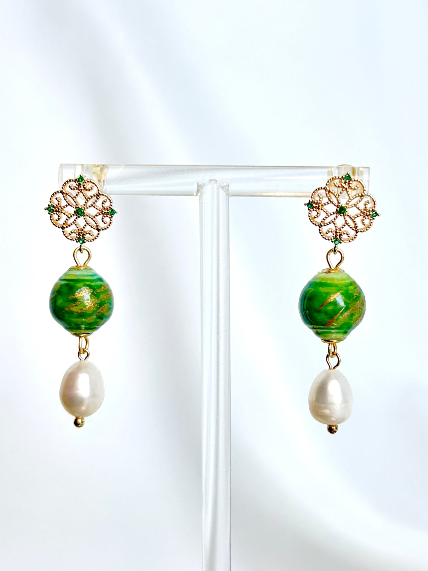 Green Ceramic Bead Earrings with Pearl