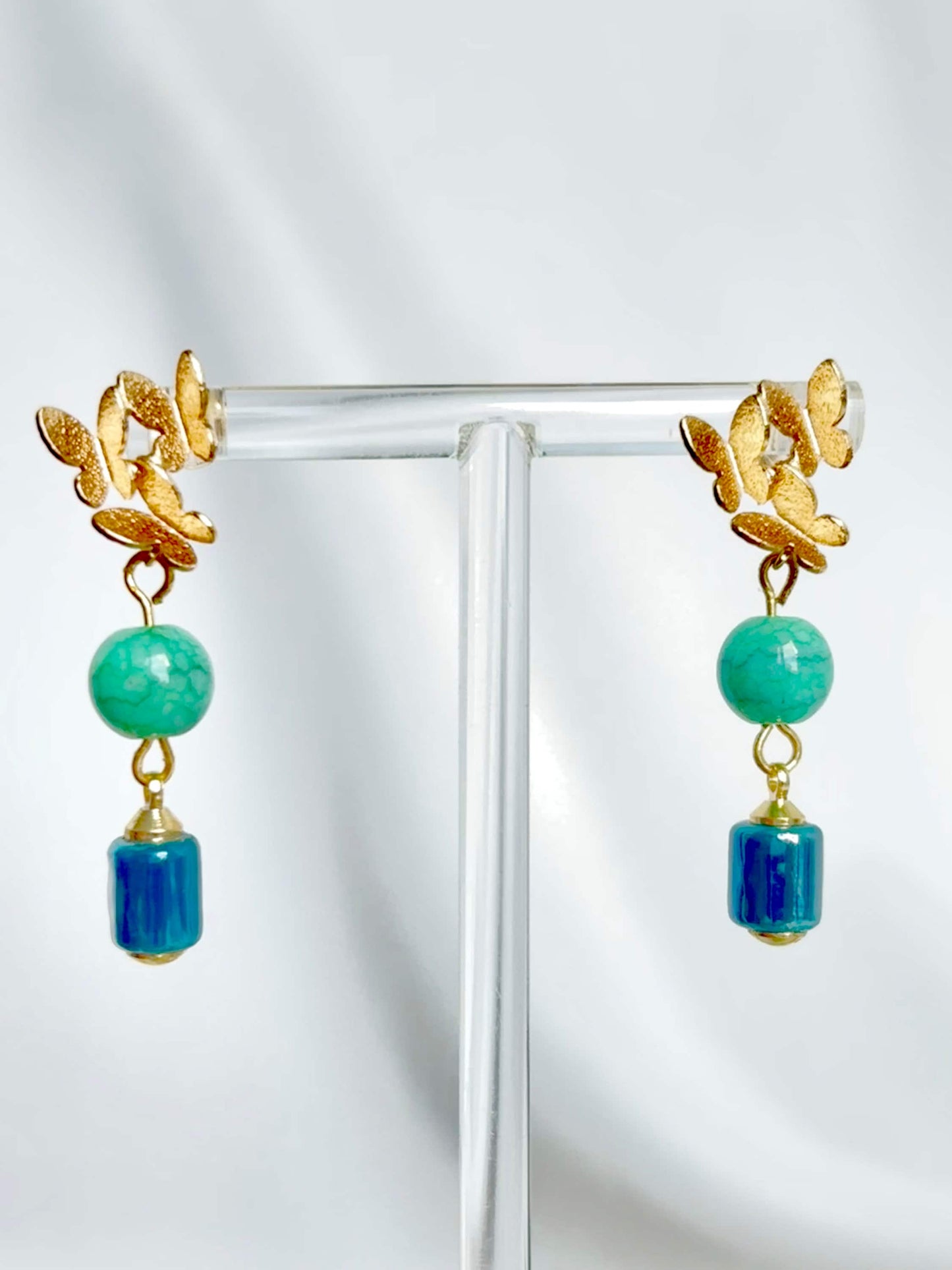 Gold Plated Butterfly Earrings with Jade Green Ceramic